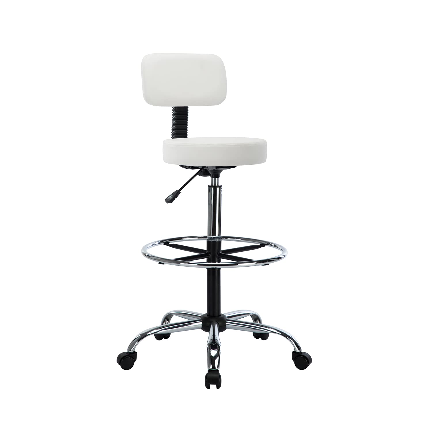 Venus Adjustable Drafting Stool with Back Support & Wheels - Ergonomic Rolling Office Chair for Workbench, Desk, or Studio - White with Chrome Footrest - Perfect for Artists, Architects & Long Work Sessions