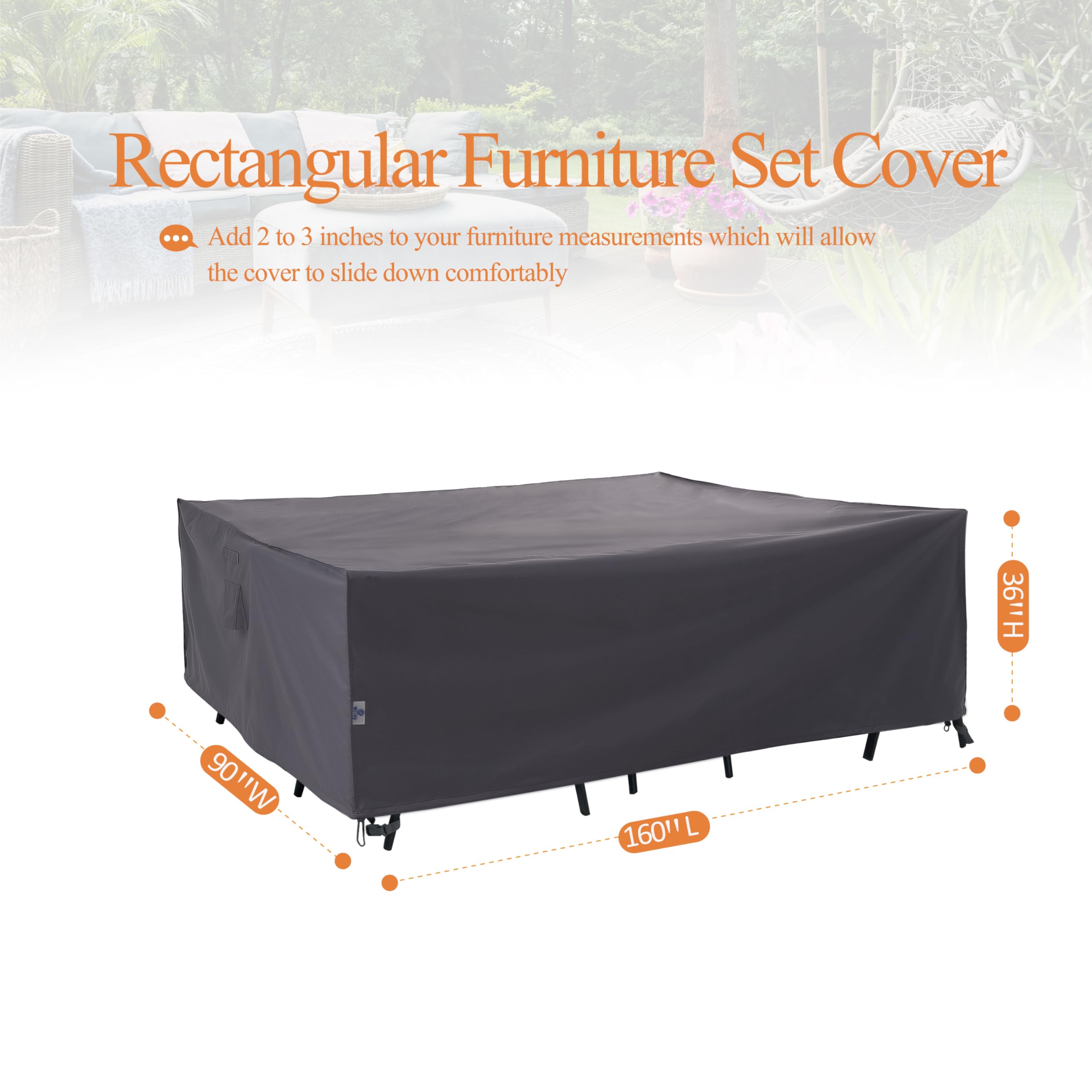 Large Waterproof Outdoor Sectional Furniture Cover - 160x90x36 Inches, Windproof Dining Table Protector, Heavy-Duty Grey Patio Set Cover for All-Weather Protection | Perfect for Backyard, Deck, and Garden Use