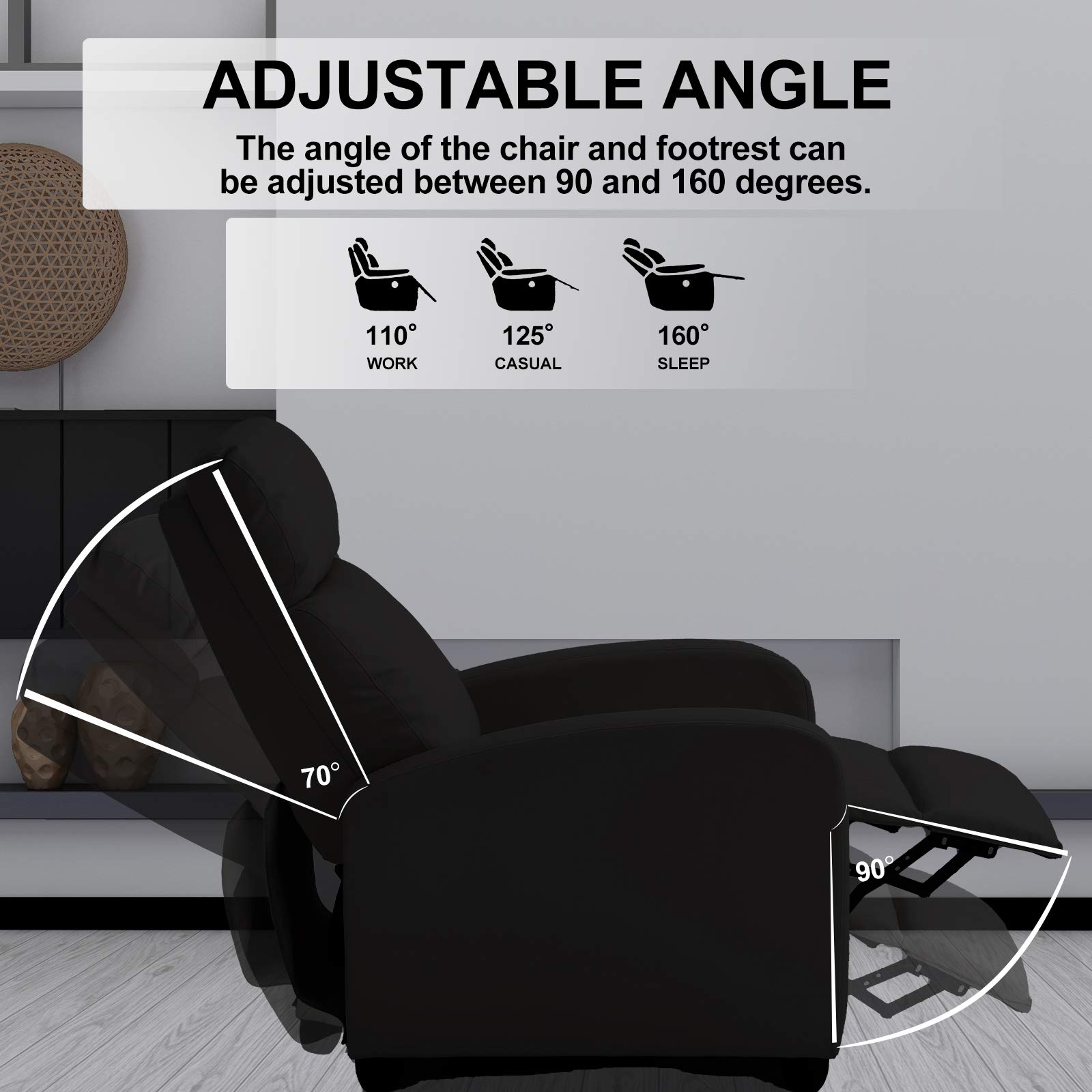 PU Leather Recliner Chair with High-Density Sponge - Wide Seat Living Room Lounge Chair for Home Theater, Office & Relaxation (Black)
