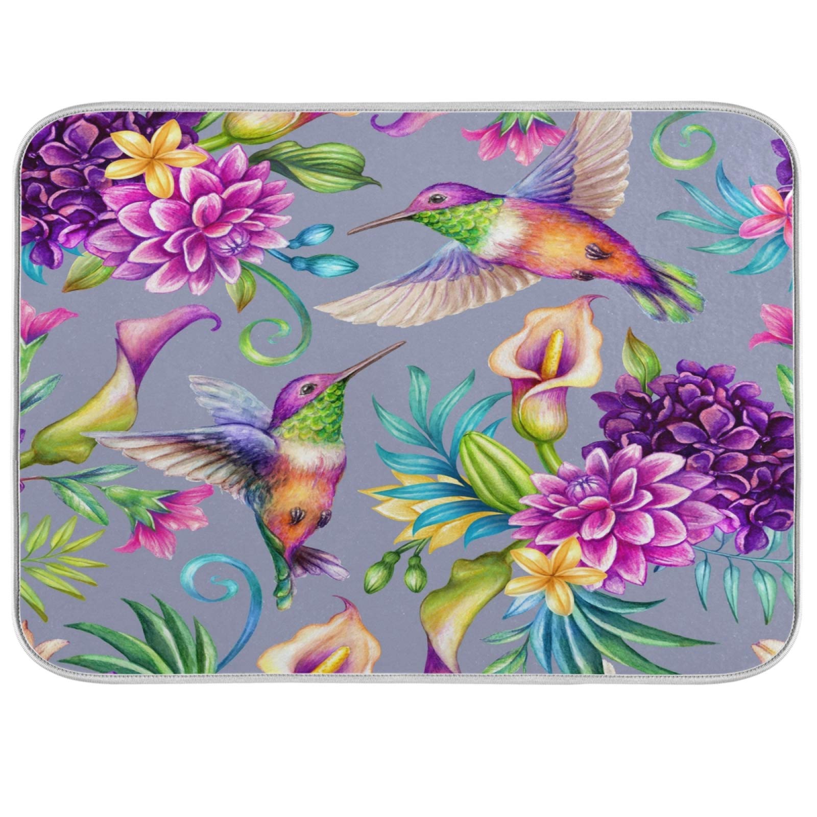 Hummingbird Print Polyester Dish Drying Mat - 24x18 Inch Absorbent Kitchen Counter Mat with Hanging Loop | Perfect for Drying Dishes, Protecting Countertops & Adding Decorative Touch to Your Kitchen