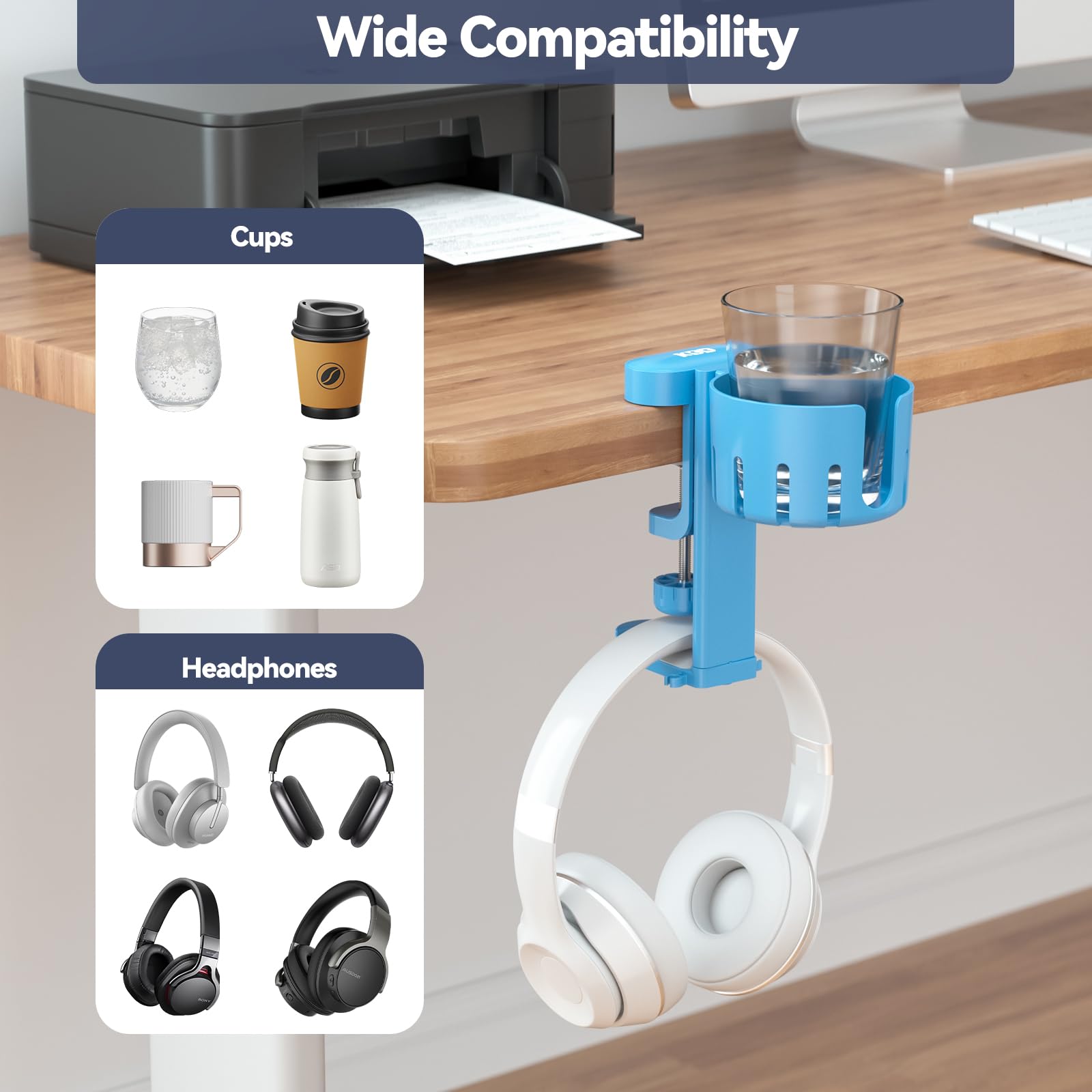 KDD 2-in-1 Rotatable Under Desk Headphone Hanger with Cup Holder - Space Saving Desk Organizer for Headset & Coffee Mug/Water Bottle (Blue) - Perfect for Home Office, Gaming Setup & Workspace Organization