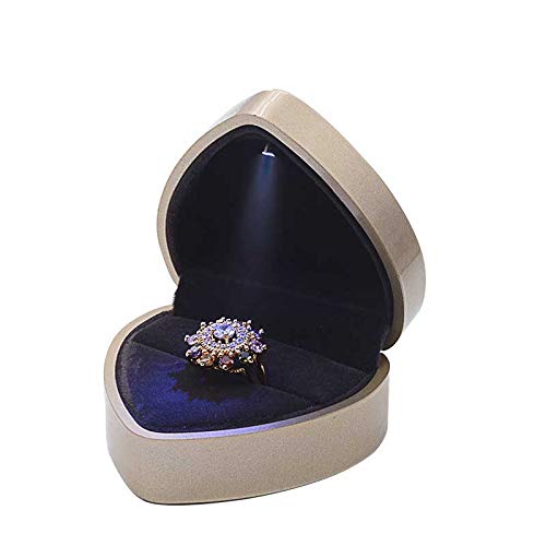 Heart-Shaped Velvet Ring Box with LED Light - Elegant Proposal & Engagement Jewelry Gift for Wedding, Anniversary (Champagne) - Perfect for Surprise Proposals, Romantic Moments & Special Occasions