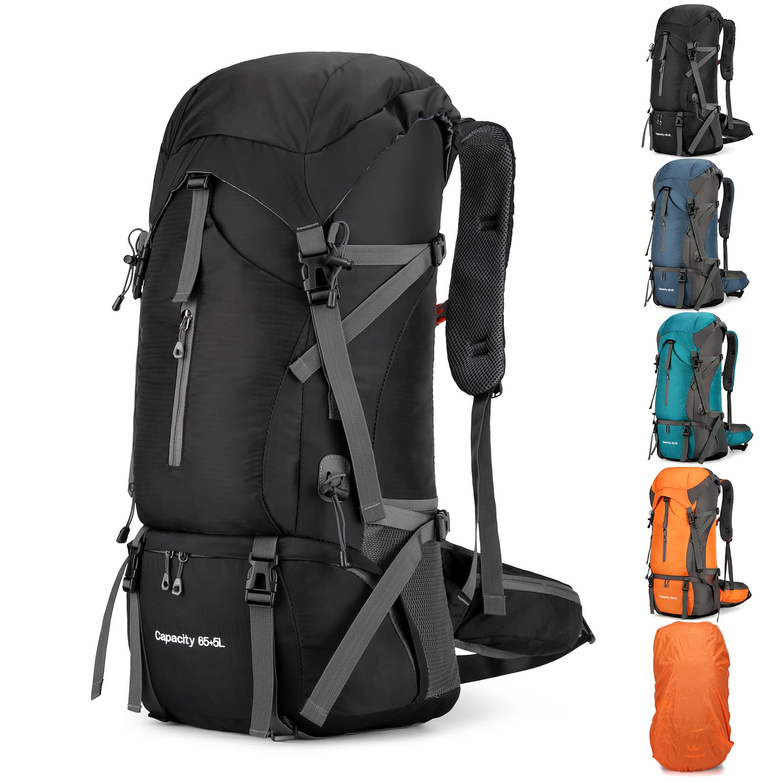 OKYUK 70L Waterproof Hiking Backpack - Lightweight Camping Backpack for Mountain Climbing, Outdoor Sports & Travel - Durable Daypack with Rain Cover - Perfect for Hiking, Camping, Cycling & Adventure Tours (Black, 70L)