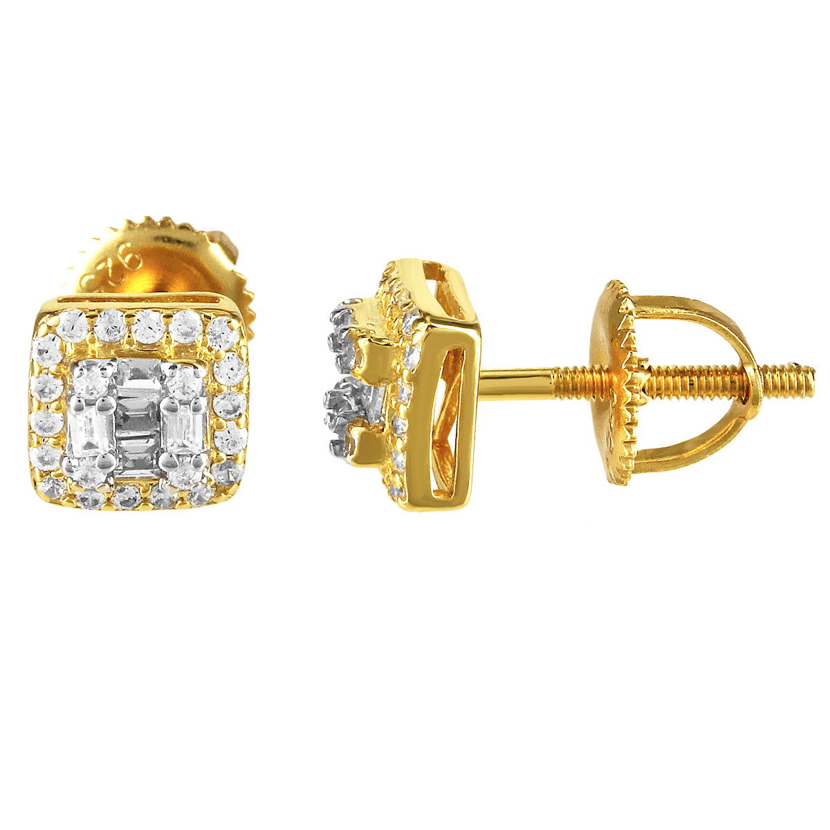 925 Sterling Silver Gold Tone Baguette Icy Micro Pave Square Screw Back Earrings for Women - Elegant Party, Wedding & Evening Wear Jewelry