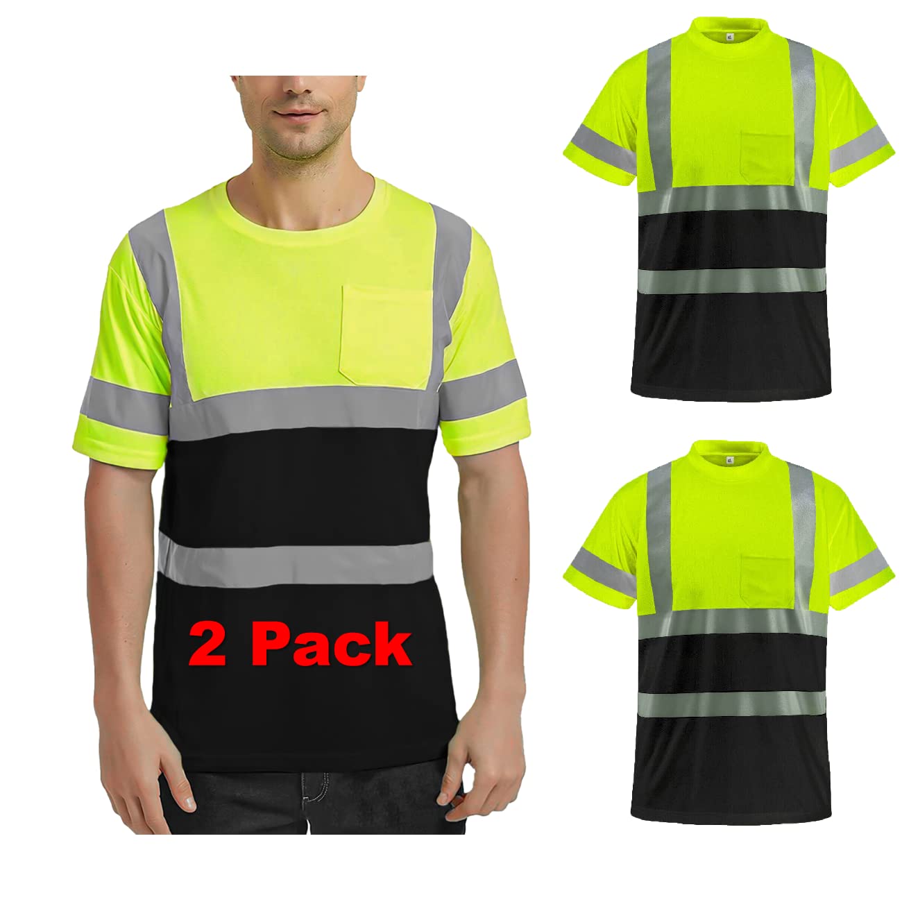 BeautyWill Class 2 Reflective Safety T-Shirts for Men - High Visibility Work Shirts with Pocket, Yellow Short Sleeve for Construction, Road Work & Night Safety