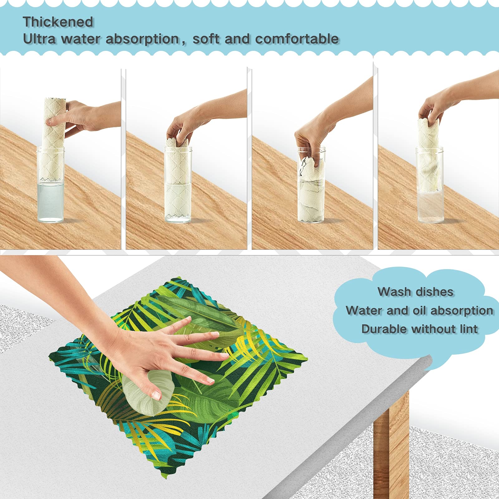 ALAZA 6 Pack Green Palm Leaves Monstera Pattern Kitchen Towels - Super Soft & Fast Drying Dishcloths, Tea Towels (11x11 Inches) for Kitchen, Bar, Dining & Home Decor