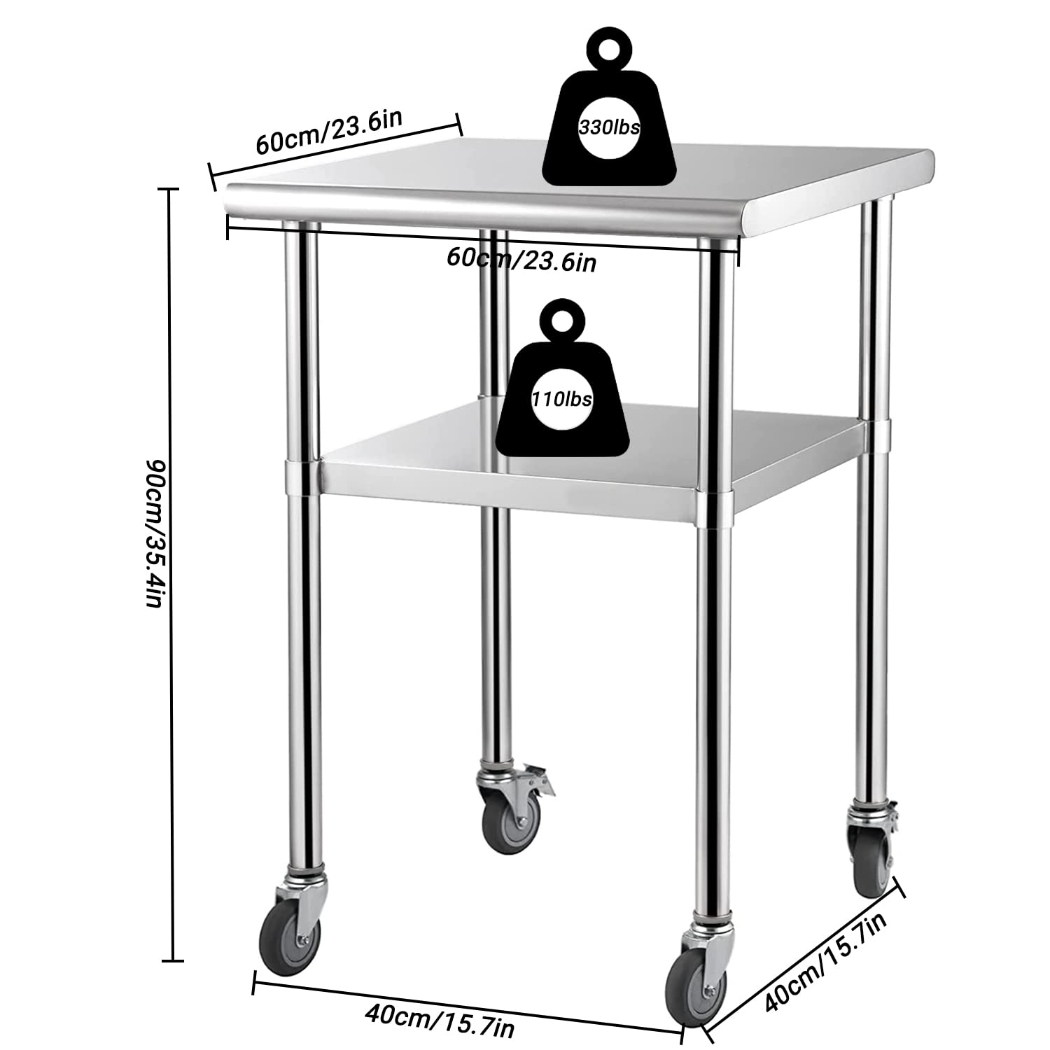 Heavy Duty Stainless Steel Work Table 24x36 Inches with 4 Locking Wheels & Adjustable Shelves - NSF Certified Commercial Kitchen Table for Restaurant, Home, Hotel - Perfect for Food Prep, Catering & Storage