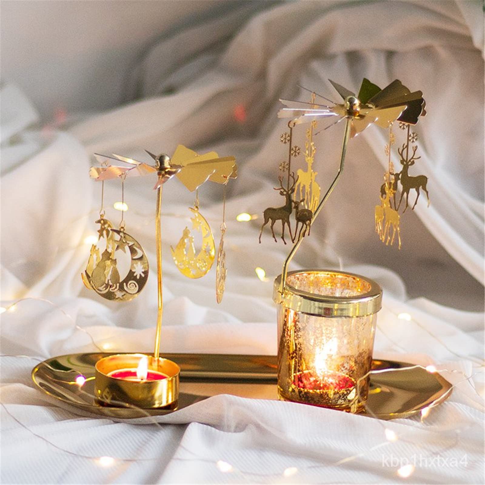 Gold Rotating Metal Tealight Candle Holder - Moon Cat Design for Christmas, Valentine's Day, Wedding & Party Table Decor | Romantic Home Decor, Centerpiece for Dining Table, Holiday Gift Idea