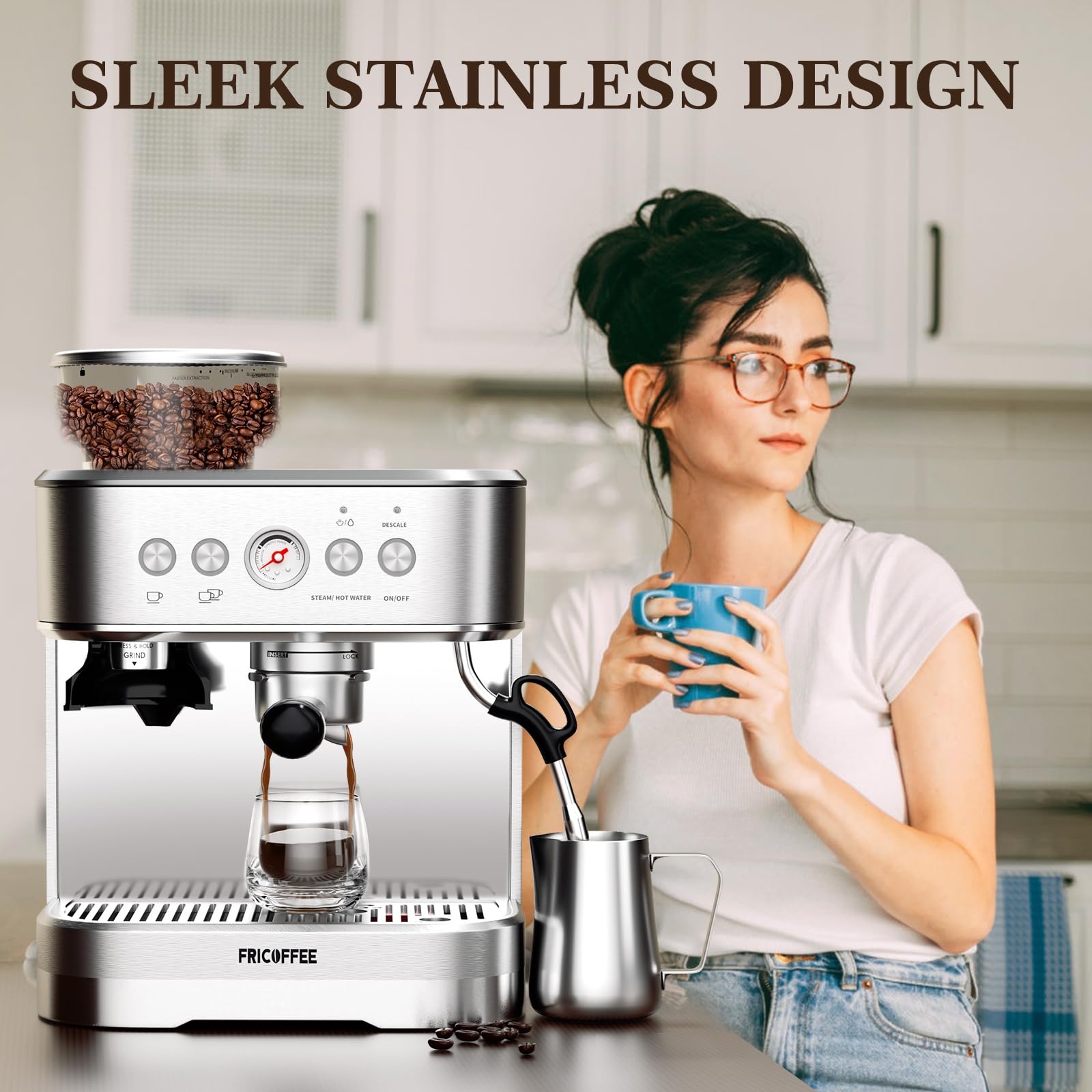 Premium Stainless Steel Semi-Automatic Espresso Machine with Built-in Grinder & Milk Frother - Perfect for Home Baristas & Coffee Lovers - Ideal for Making Espresso, Cappuccino, Latte & More at Home or Office
