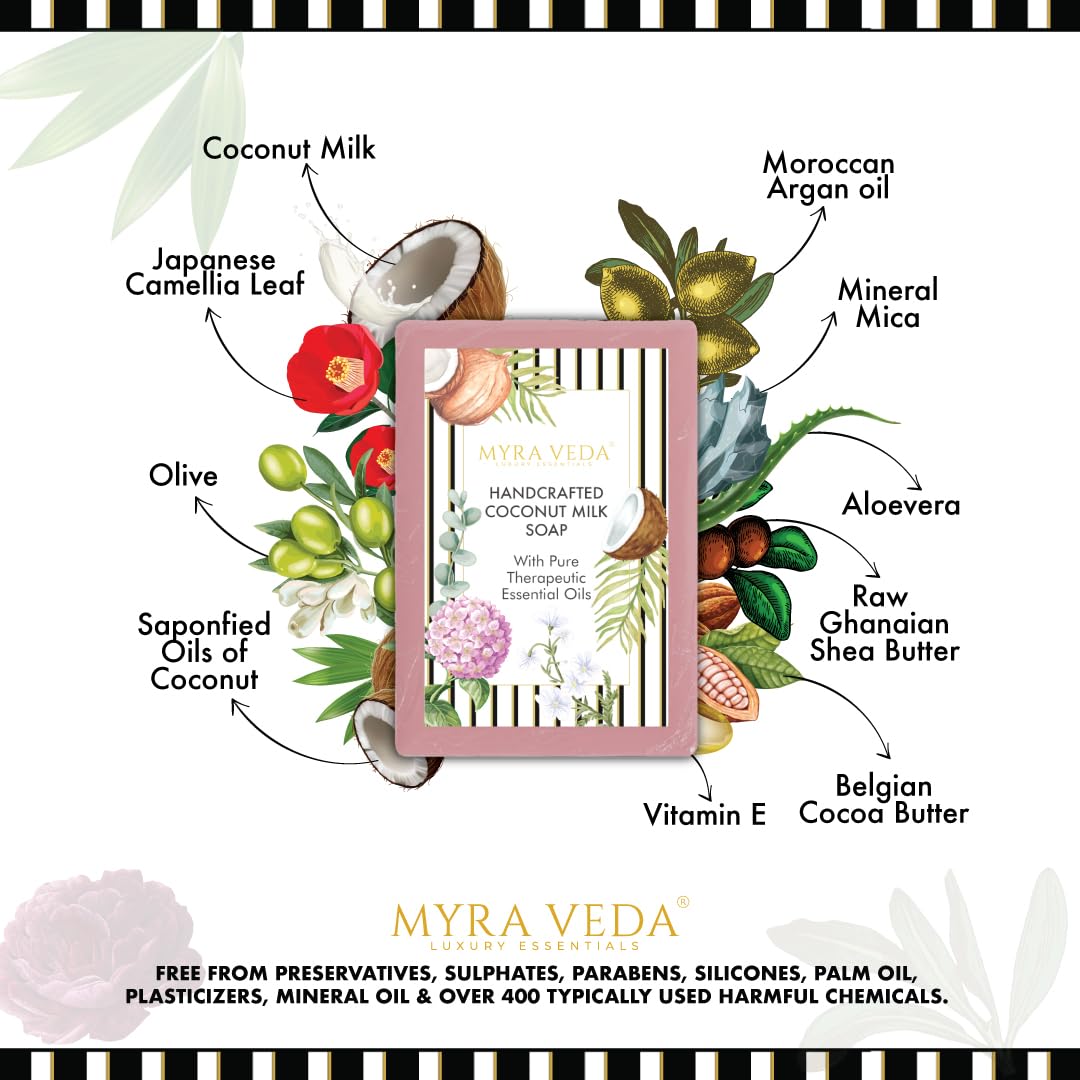 Myra Veda Organic Coconut Milk Bath Soap for Women & Men | 100% Natural Handmade Therapeutic Soap for Dry & Glowing Skin | Chemical-Free, Essential Oil Enriched | Perfect for Daily Shower, Spa & Gift - 100g