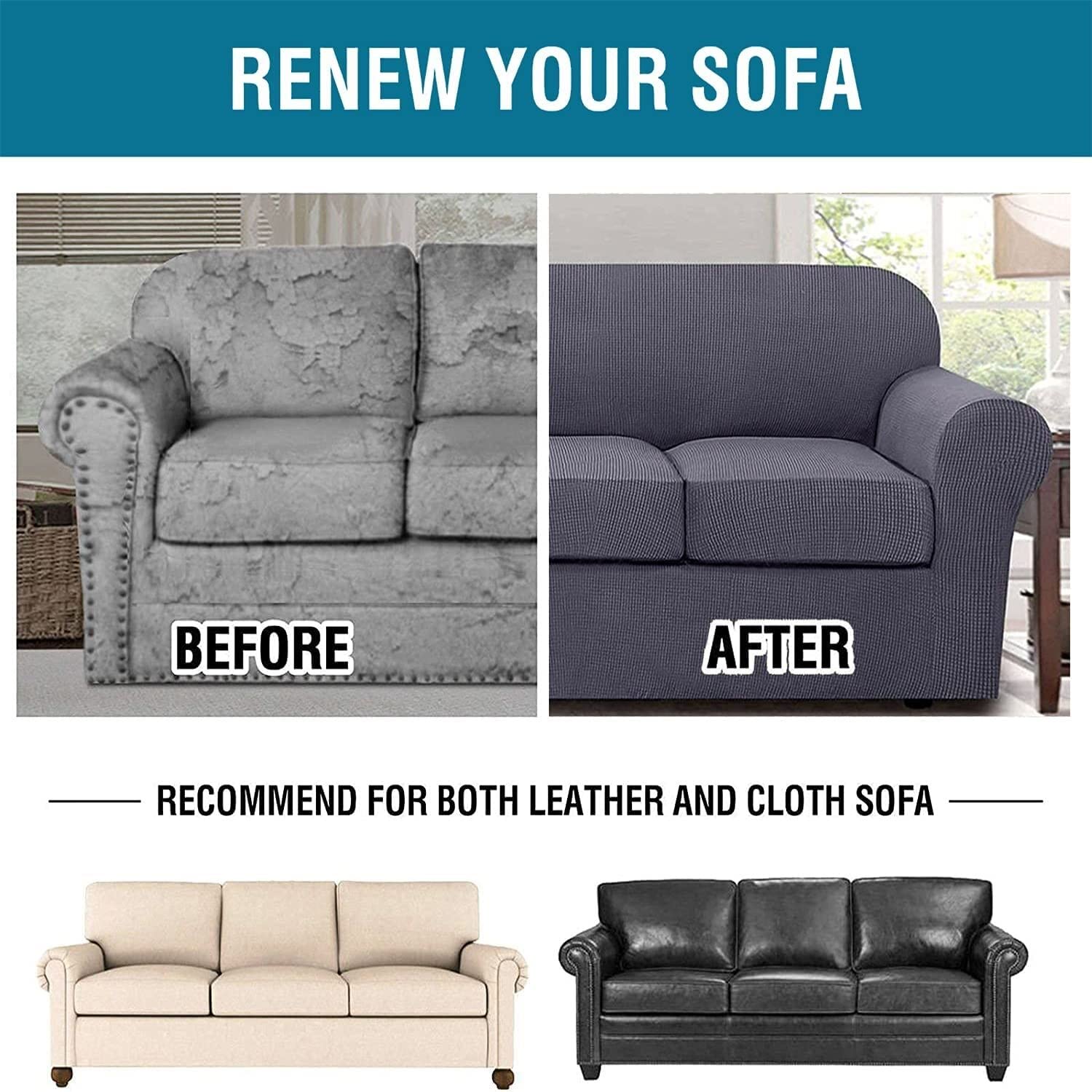 Soft Polar Fleece Stretch Sofa Slipcover with Elastic Band & Separate Seat Cushion Covers - Anti-Slip Living Room Couch Cover (Dark Grey, Large Sofa +4 Cushions) - Perfect for Home Decor, Pet Protection & Furniture Refresh