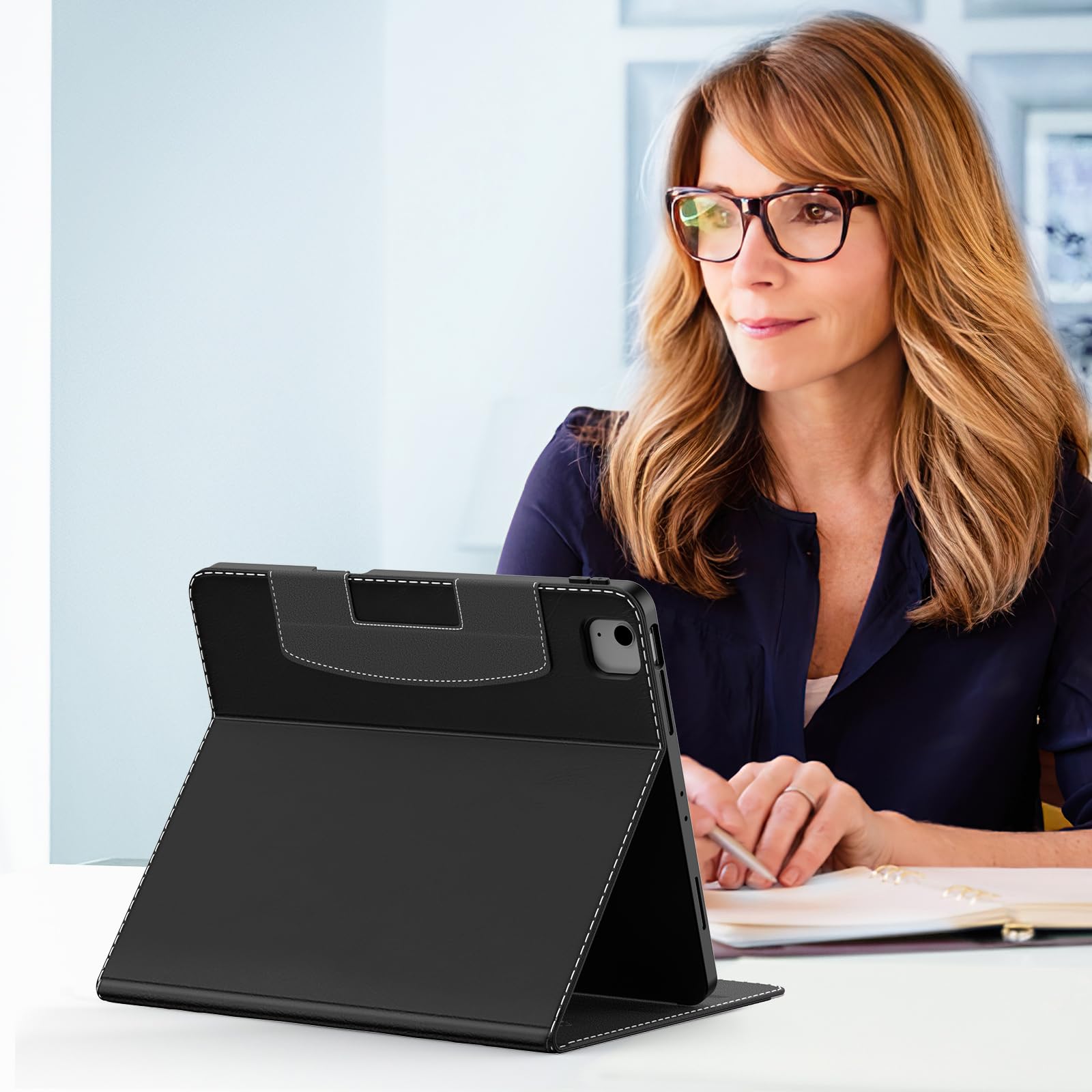 MoKo Premium Leather Folio Stand Cover Case for iPad Air 13 Inch (M3 2025 / M2 2024) & iPad Pro 12.9 Inch (2021/2022) with Apple Pencil Holder - Black | Perfect for Work, Travel & Home Office Use