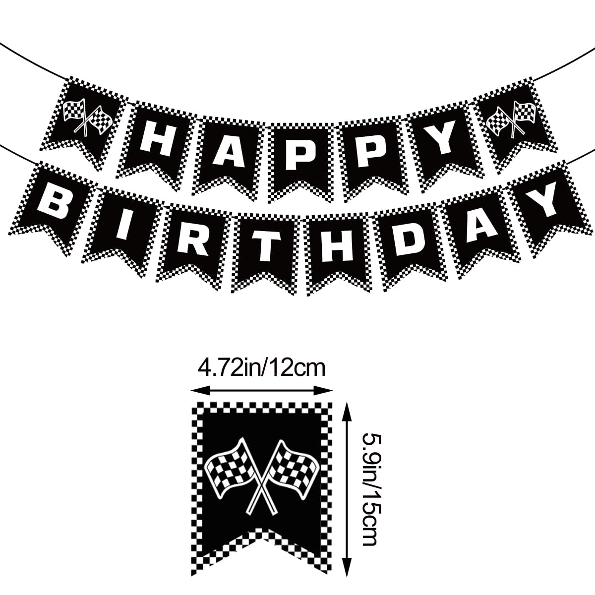 MEETINGU Race Car Happy Birthday Banner - Black and White Checkered Flag Racing Party Decorations for Boys, Kids Birthday Party Supplies - Perfect for Race Car Themed Birthday Decor, Cake Table Backdrop & Party Room Decorations