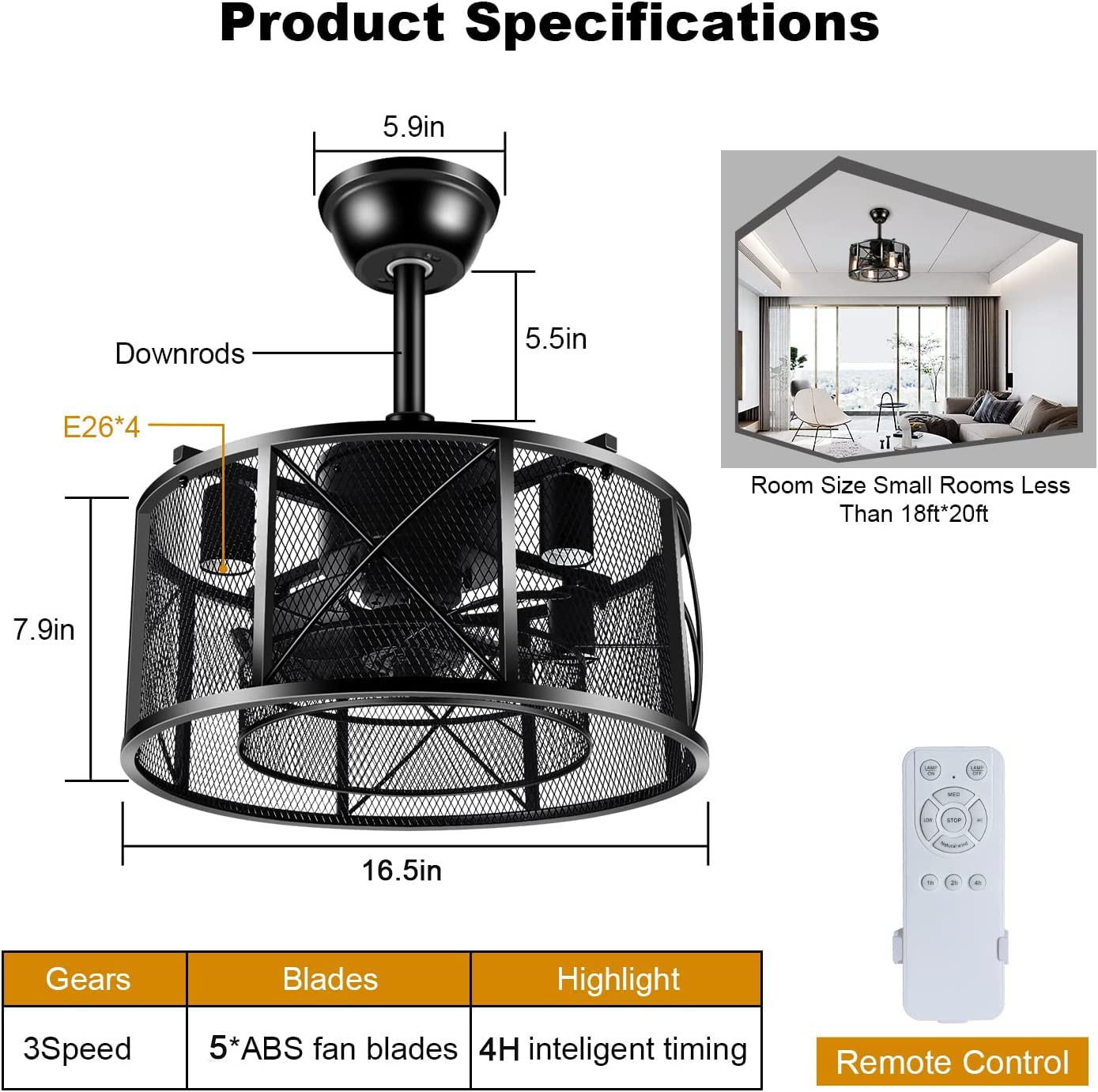 LEDMO Caged Ceiling Fan with Light & Remote - Adjustable Speed Black Industrial Fan for Kitchen, Bedroom, Farmhouse