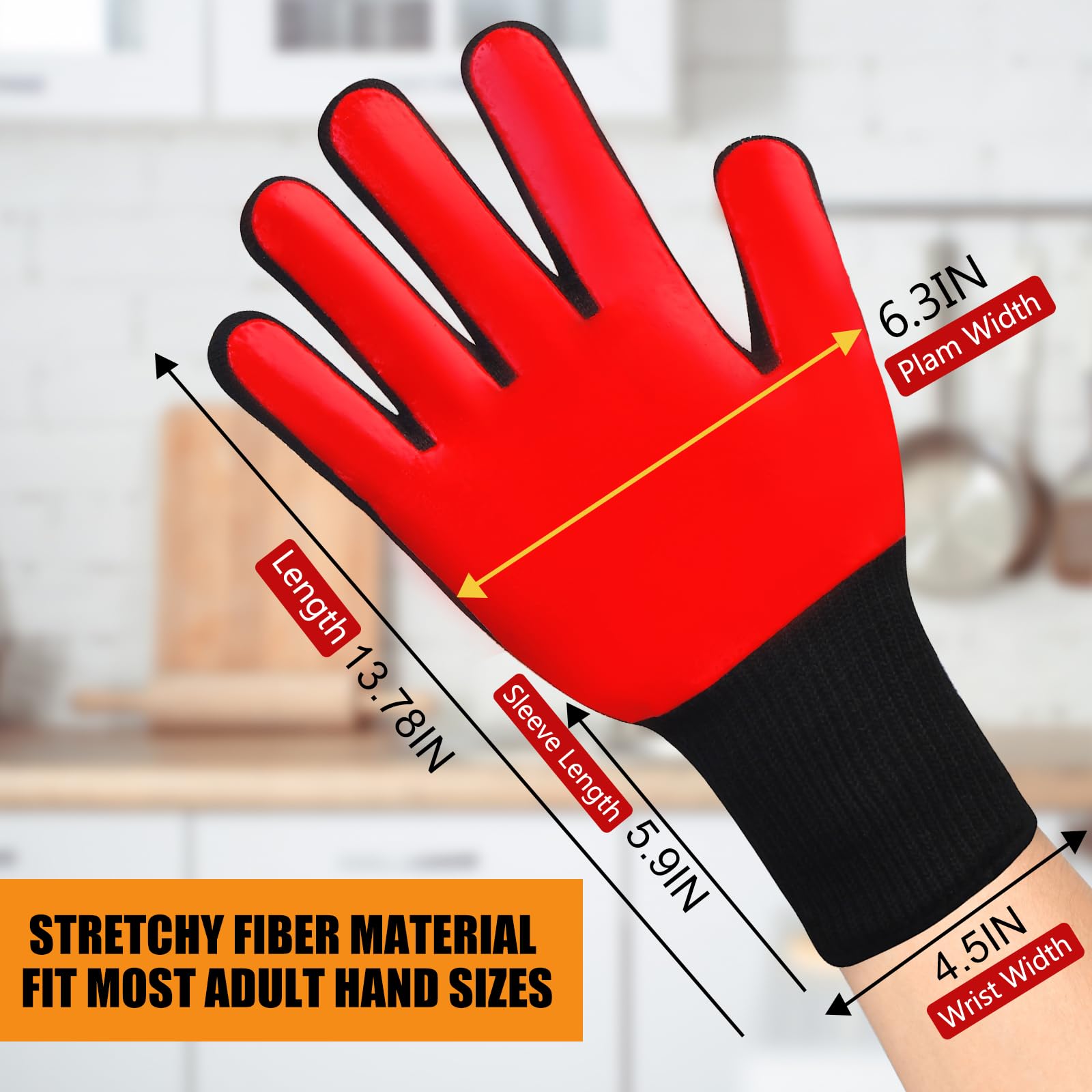 Heat Resistant BBQ Gloves 1472°F - Non-Slip Silicone Oven Mitts for Grilling, Baking, Cooking & Outdoor Camping - Perfect for Backyard BBQs, Fire Pits & Kitchen Safety (Red)