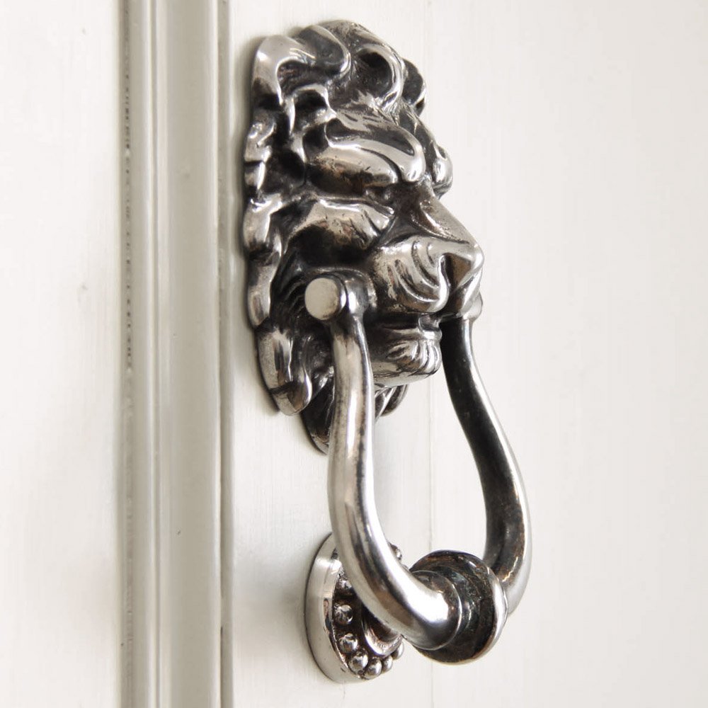 Vintage Aged Nickel Lion Head Door Knocker - Heavy Duty Solid Brass Door Knocker for Front Door, Classic Home Decor for Victorian, Gothic, Farmhouse Style - Perfect for Halloween, Christmas, and Special Occasions