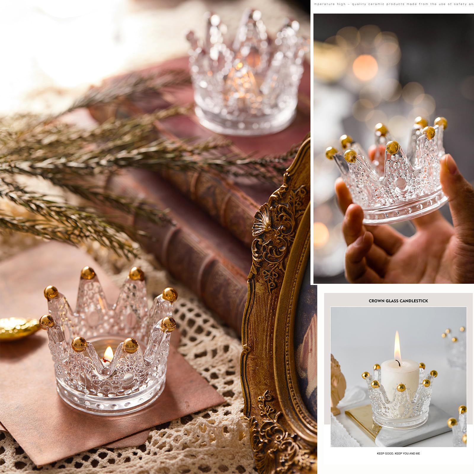 2PCS Golden Crown Votive Candle Holders - Elegant Tea Light Candlesticks & Mini Jewelry Ring Holder for Wedding Decor, Party Centerpieces, Home Tabletop Decoration (Set of 2)