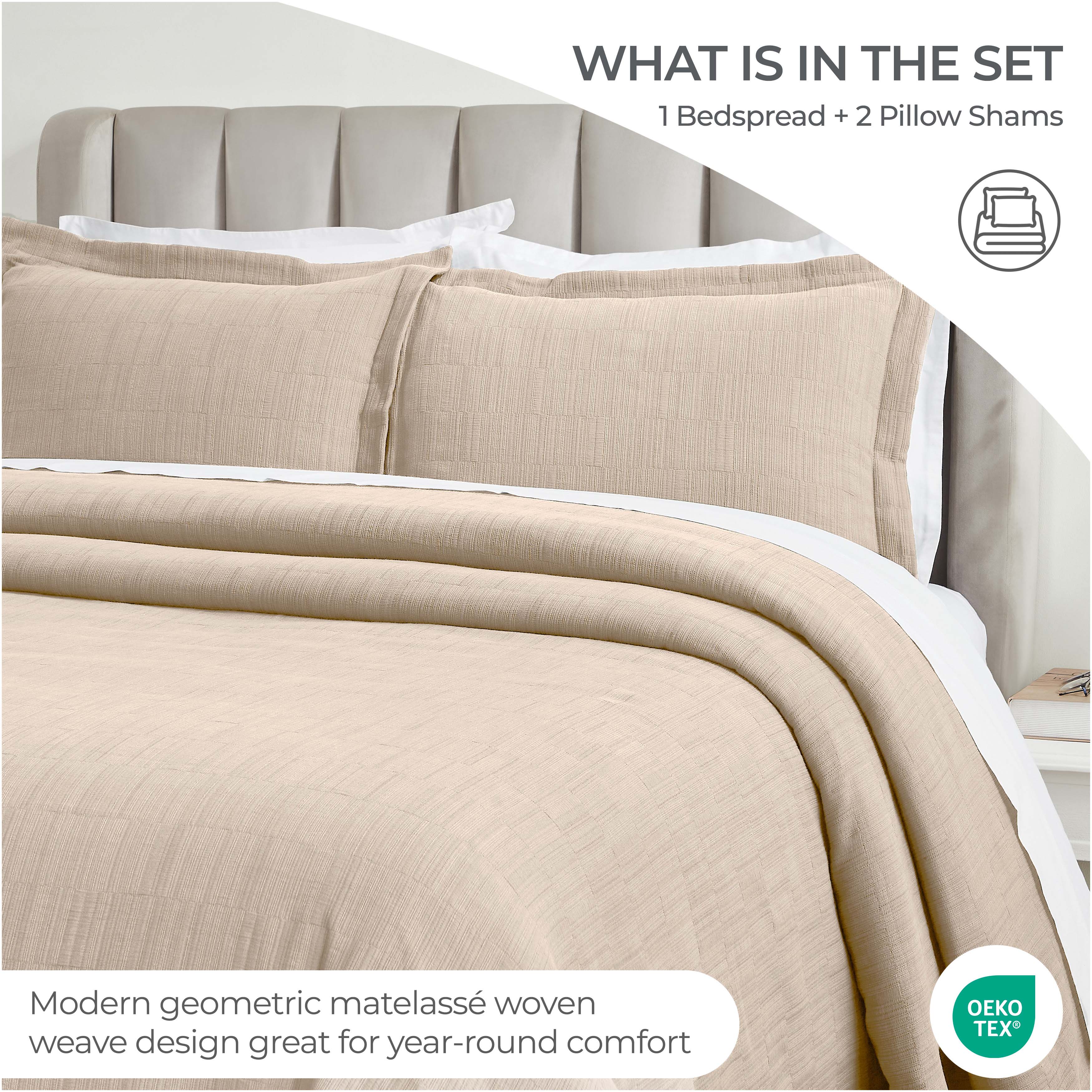 Premium Cotton Matelasse Bedspread Set with Shams - Medium Weight Luxury Bedding for Master Bedroom, Guest Room & Hotel Decor - Soft Textured Quilted Coverlet for Queen/King Size Beds
