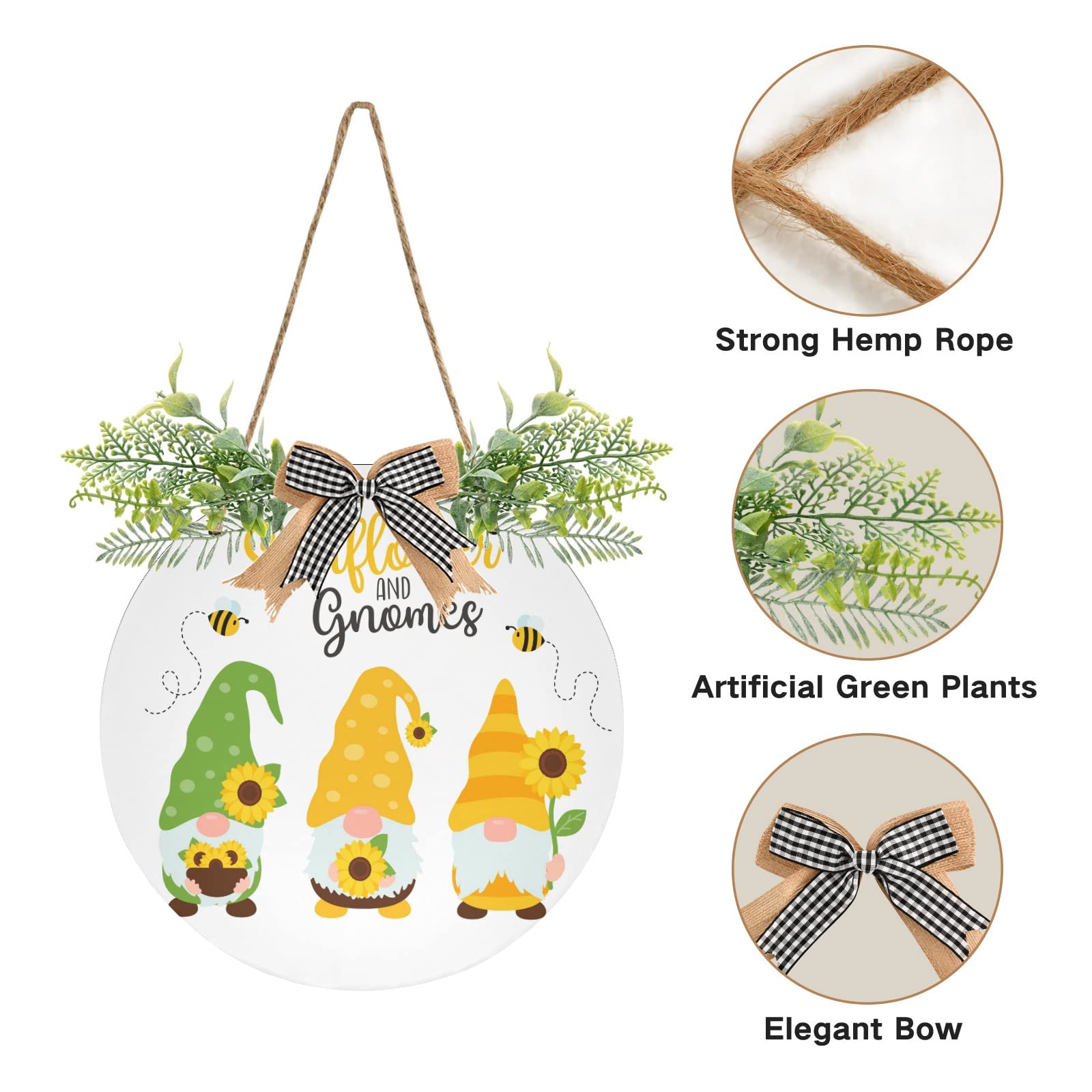 Sunflower Gnomes Wooden Welcome Sign - Spring Summer Front Door Decor, Farmhouse Porch Hanging, Bee & Flowers Round Wood Slice Wall Art - Perfect for Seasonal Greetings, Housewarming Gifts & Holiday Decorations
