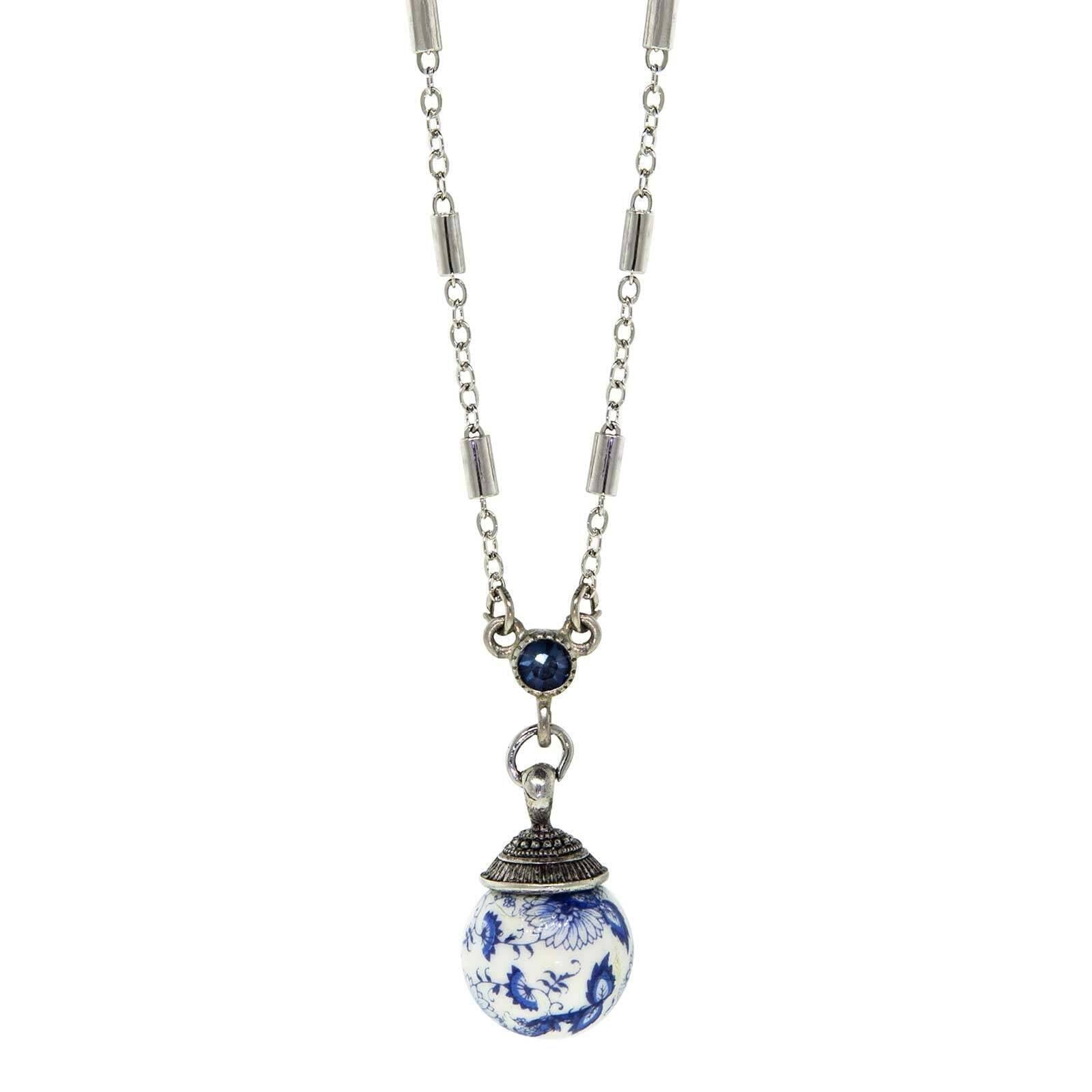 1928 Blue Willow Round Beaded Crystal Drop Pendant Necklace - 16