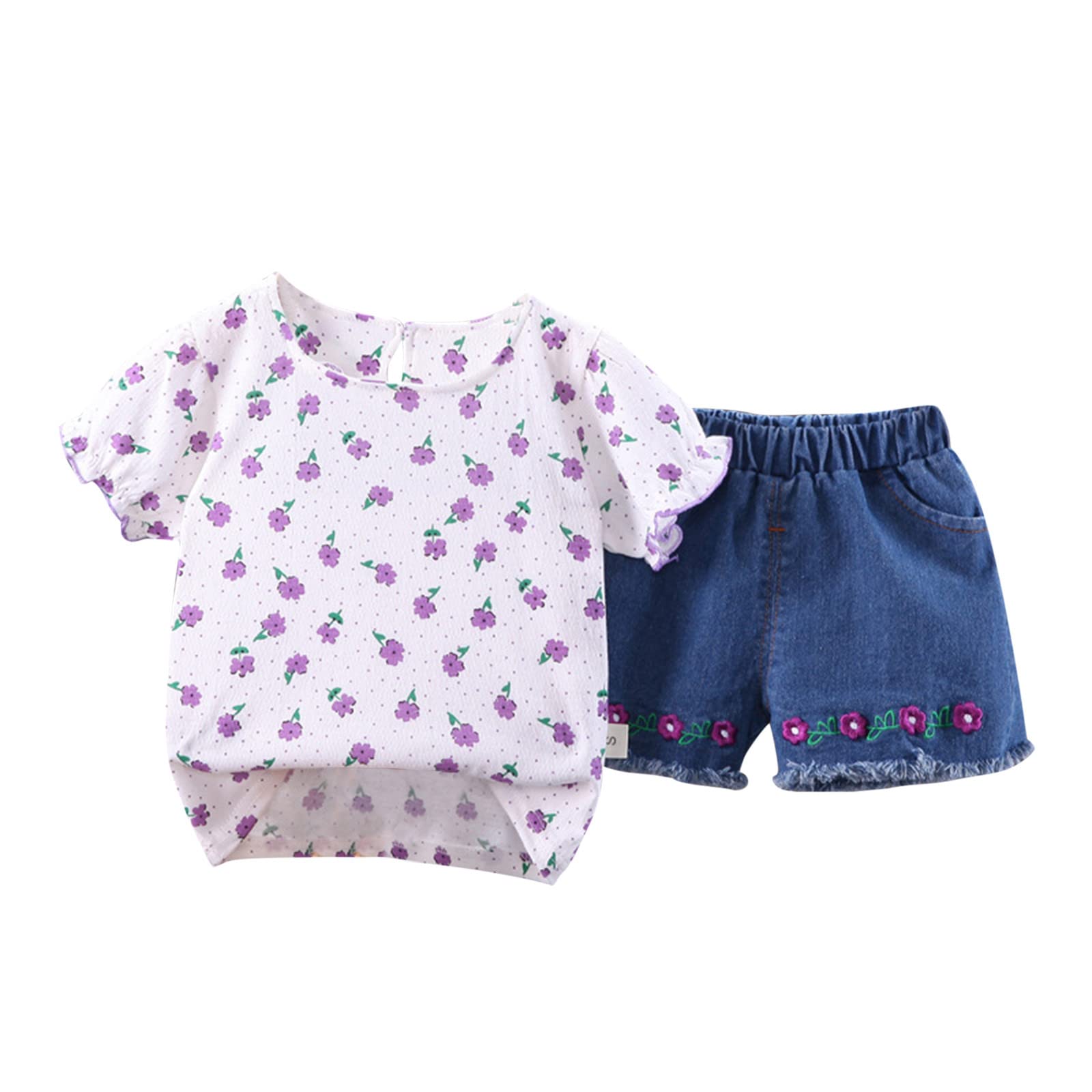 Xbgqasu Floral Print Toddler Girls Short Sleeve T-Shirt & Jeans Shorts Set (Purple, 2T) - Cute Summer Outfit for Playdates, Preschool & Family Photos