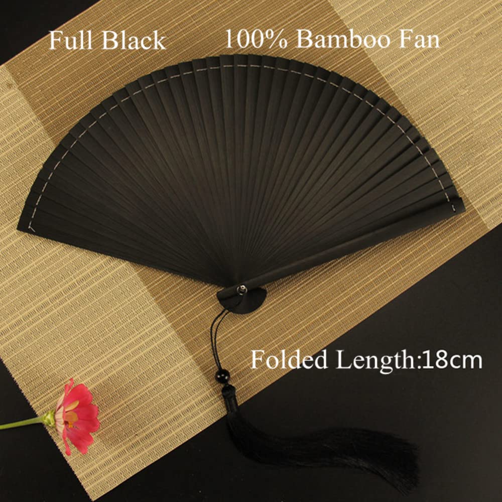 Full Bamboo Hand Fan - Foldable Wedding Fan with 100% Bamboo Frame & Tassel - Chinese Japanese Style Decorative Fan - Perfect for Weddings, Home Decor, Gifts & Cultural Events (Black)