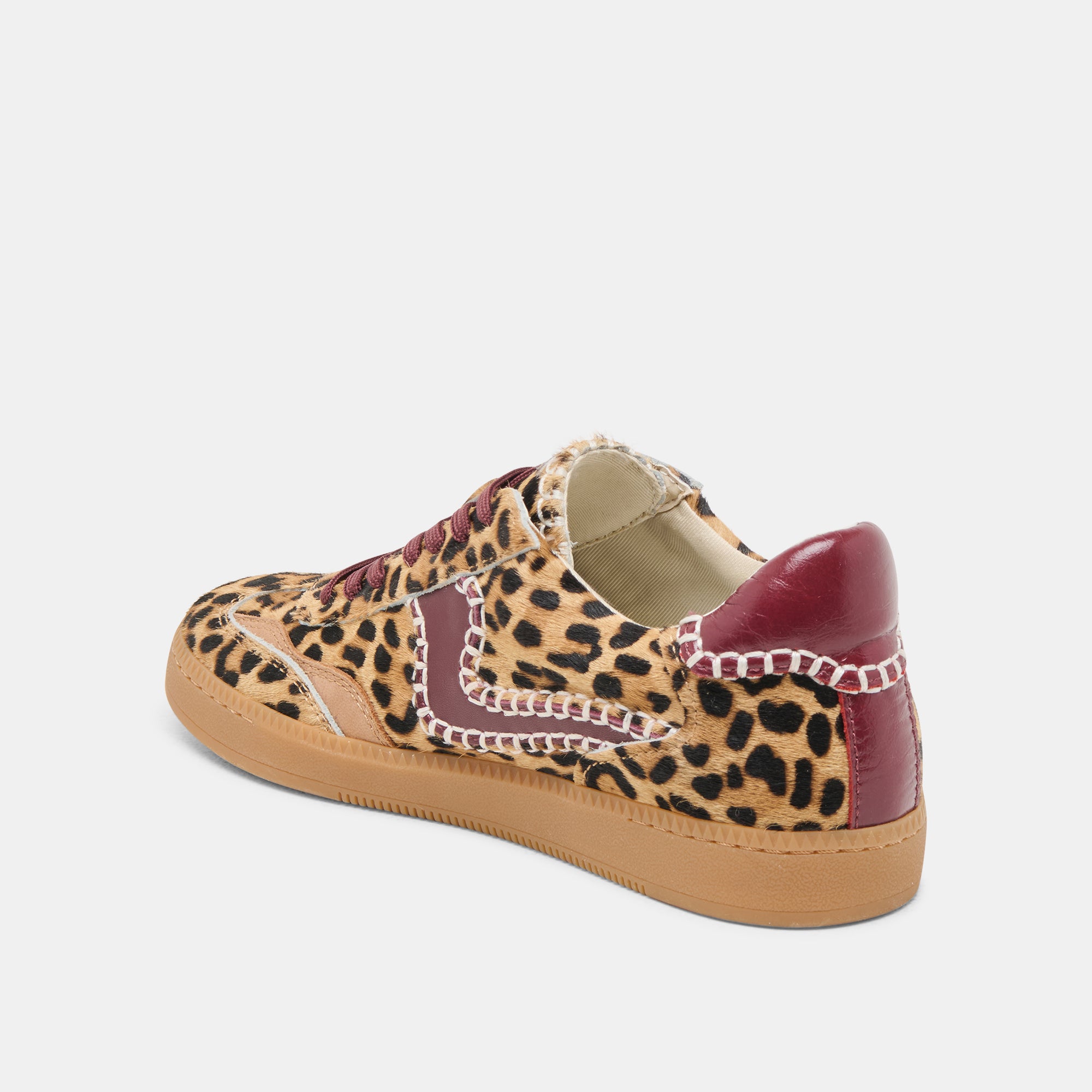 Stylish Notice Stitch Sneakers in Burgundy Leopard Calf Hair - Fashionable Women's Casual Shoes for Everyday Wear & Street Style