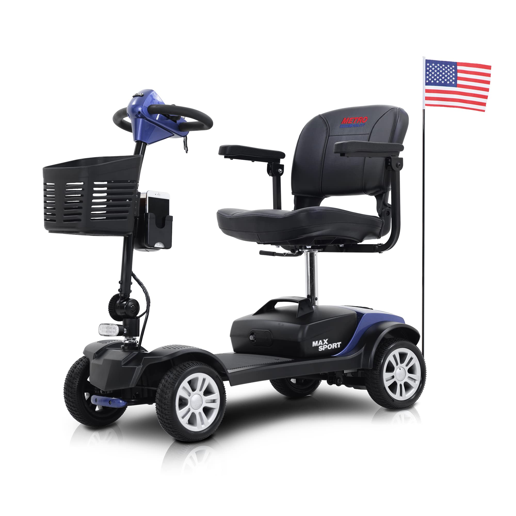 Compact Heavy Duty Folding Mobility Scooter for Seniors & Adults - 300 LBS Weight Capacity Electric Powered Wheelchair - Travel Scooter with Cup & Phone Holder (Blue) - Ideal for Outdoor Use, Shopping Malls, and Airport Travel