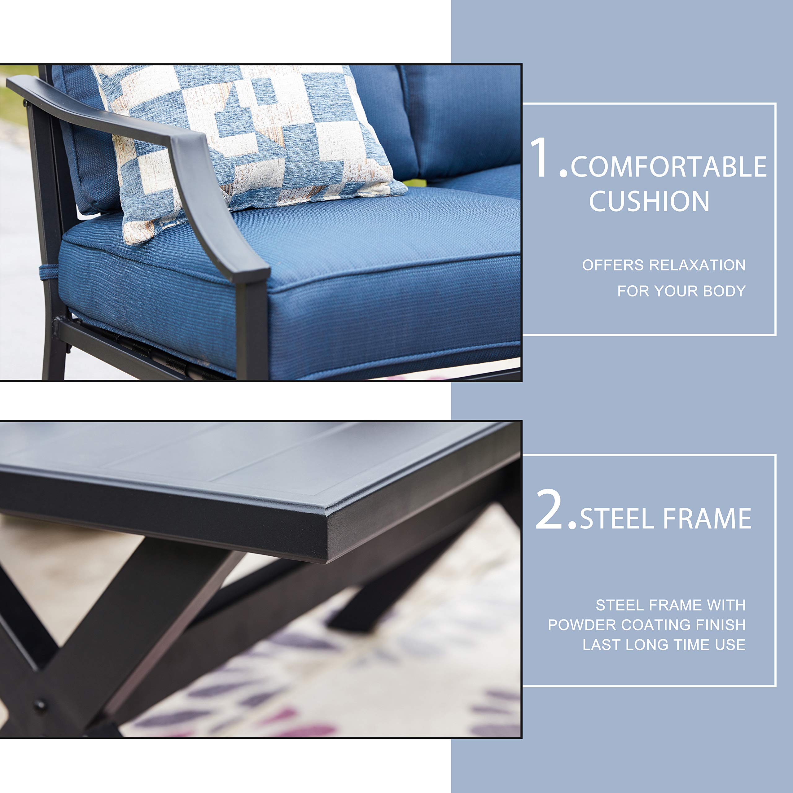 LOKATSE HOME 2-Piece Outdoor Patio Conversation Set - Metal Bench Sofa Loveseat with Cushions & Coffee Table in Blue - Perfect for Garden, Backyard, Poolside or Terrace Relaxation