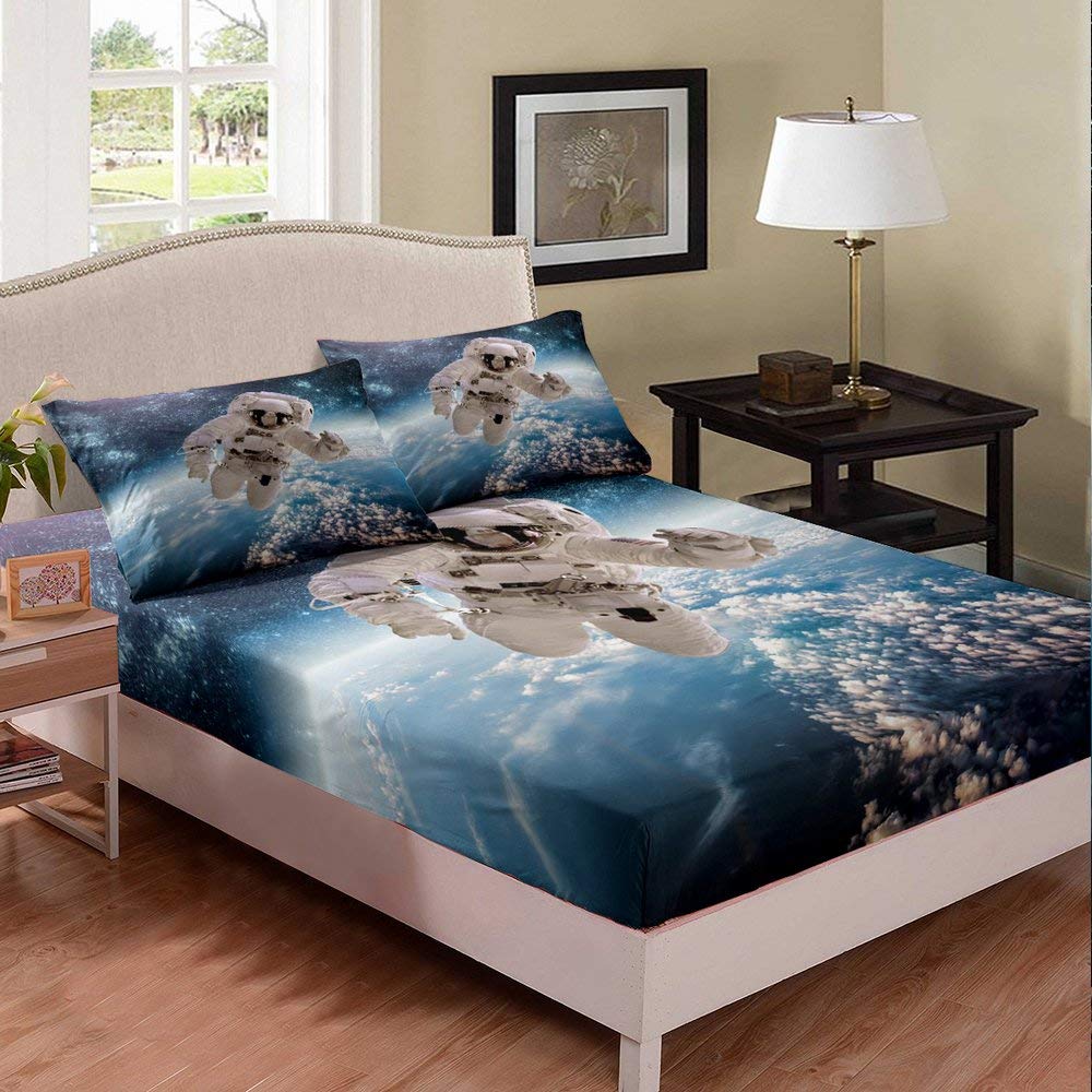 3D Astronaut Space Travel Kids Bedding Set - Twin Size Universe Theme Duvet Cover with Earth View Pattern (1 Fitted Sheet + 1 Pillowcase) - Perfect for Space-Themed Bedrooms & Kids' Room Decor