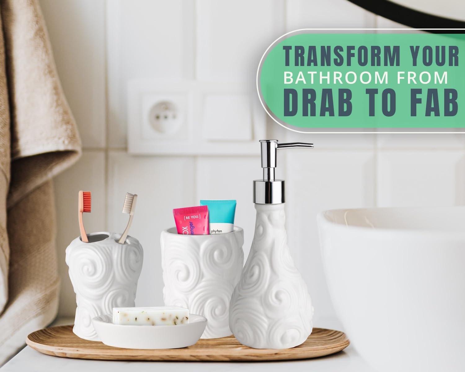 Comfify Designer 4-Piece Bathroom Accessories Set - Porcelain Soap Dispenser, Toothbrush Holder, Tumbler & Soap Dish - Glossy White Finish with Ocean Wave Design - 15.6oz Capacity - Perfect for Modern Bathrooms, Guest Suites & Spa-Style Decor