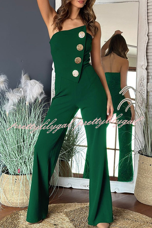 Solid Color Sexy Tube Top Gold Button Embellished Bootcut Jumpsuit for Women | Elegant One-Piece Romper with Metallic Accents | Perfect for Night Out, Party & Special Occasions