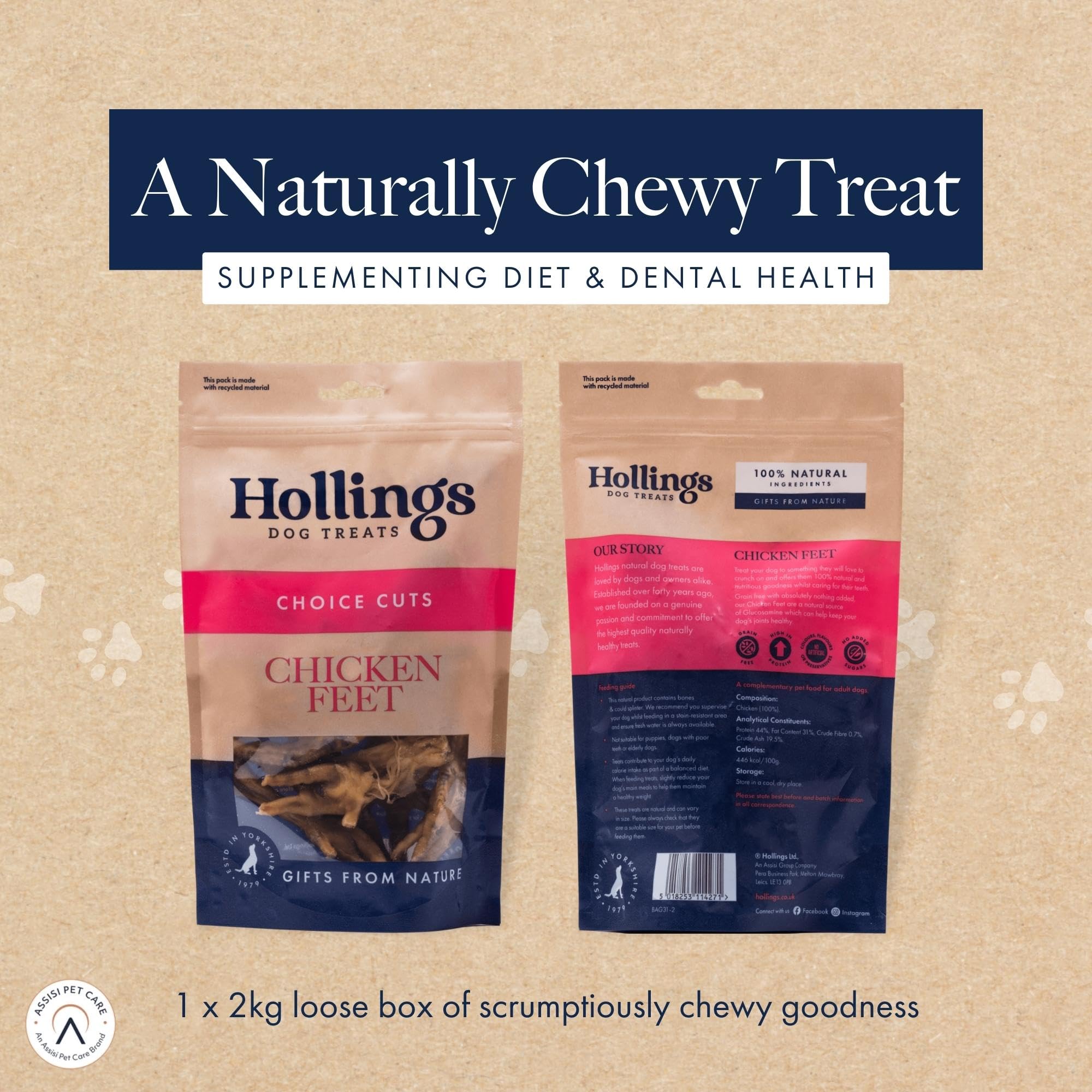 **Hollings 100% Natural Chicken Feet Dog Treats – Grain-Free, High-Protein, Crunchy Snacks for Adult Dogs (2kg) – Perfect for Training, Rewards & Dental Health**