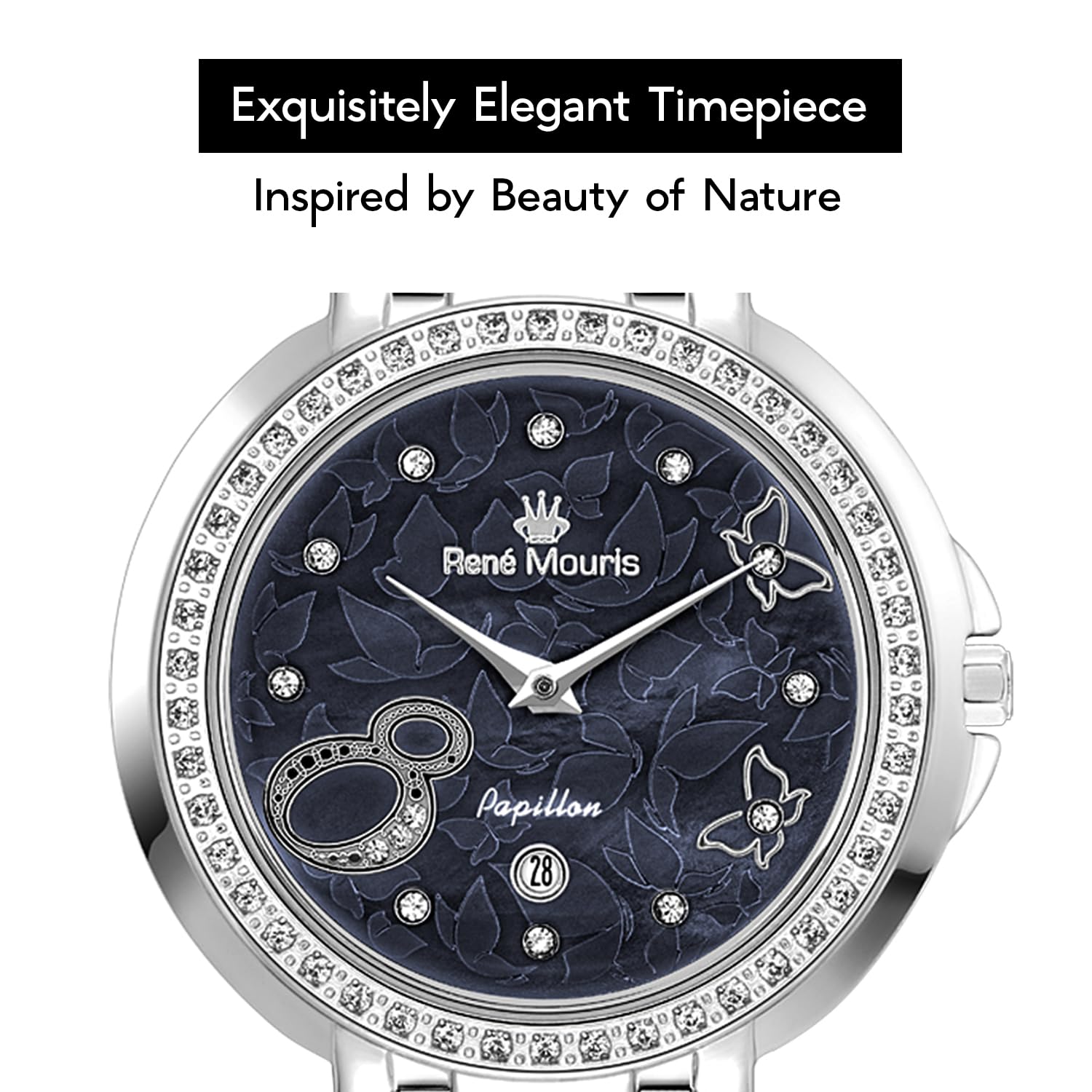 René Mouris Papillon Women's Luxury Watch - 36mm 316L Stainless Steel Case, Sapphire Coated Crystal, 50M Waterproof - Elegant Dress Watch for Business, Party & Everyday Wear