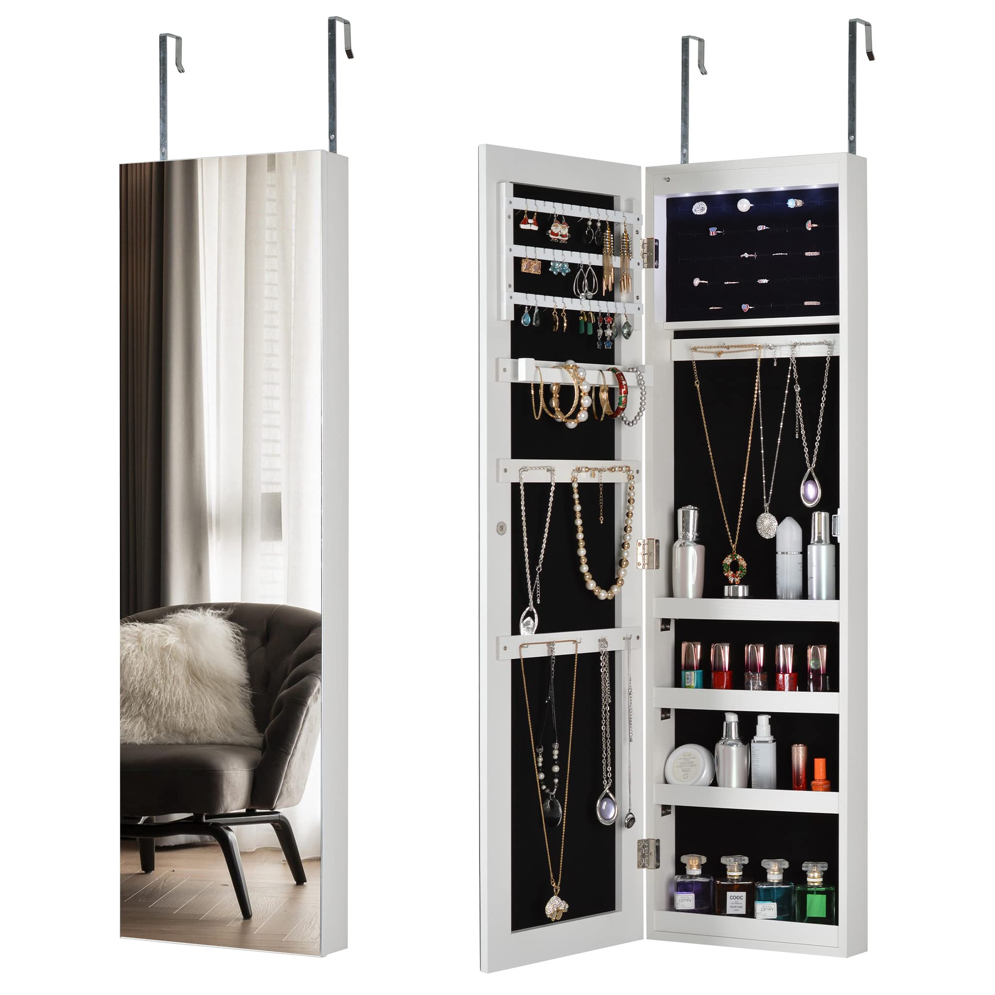 Hanging Mirror Jewelry Cabinet with Storage - Sliding Full Length Mirror Jewelry Armoire Organizer, Wall Mounted & Door Mounted with LED Lights - White - Perfect for Bedroom, Closet & Dressing Room Organization