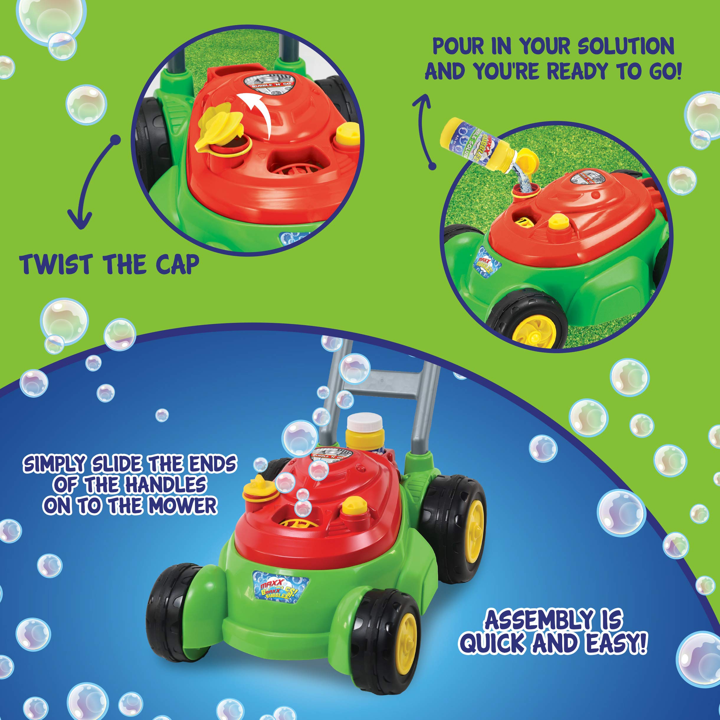 Maxx Bubbles Deluxe Bubble Lawn Mower Toy for Kids - Outdoor Bubble Blower Machine with 4oz Bubble Solution Included | No Batteries Needed, Easy Push & Play Design | Red Amazon Exclusive by Sunny Days Entertainment | Perfect for Backyard Play, Birthday Parties & Summer Outdoor Activities