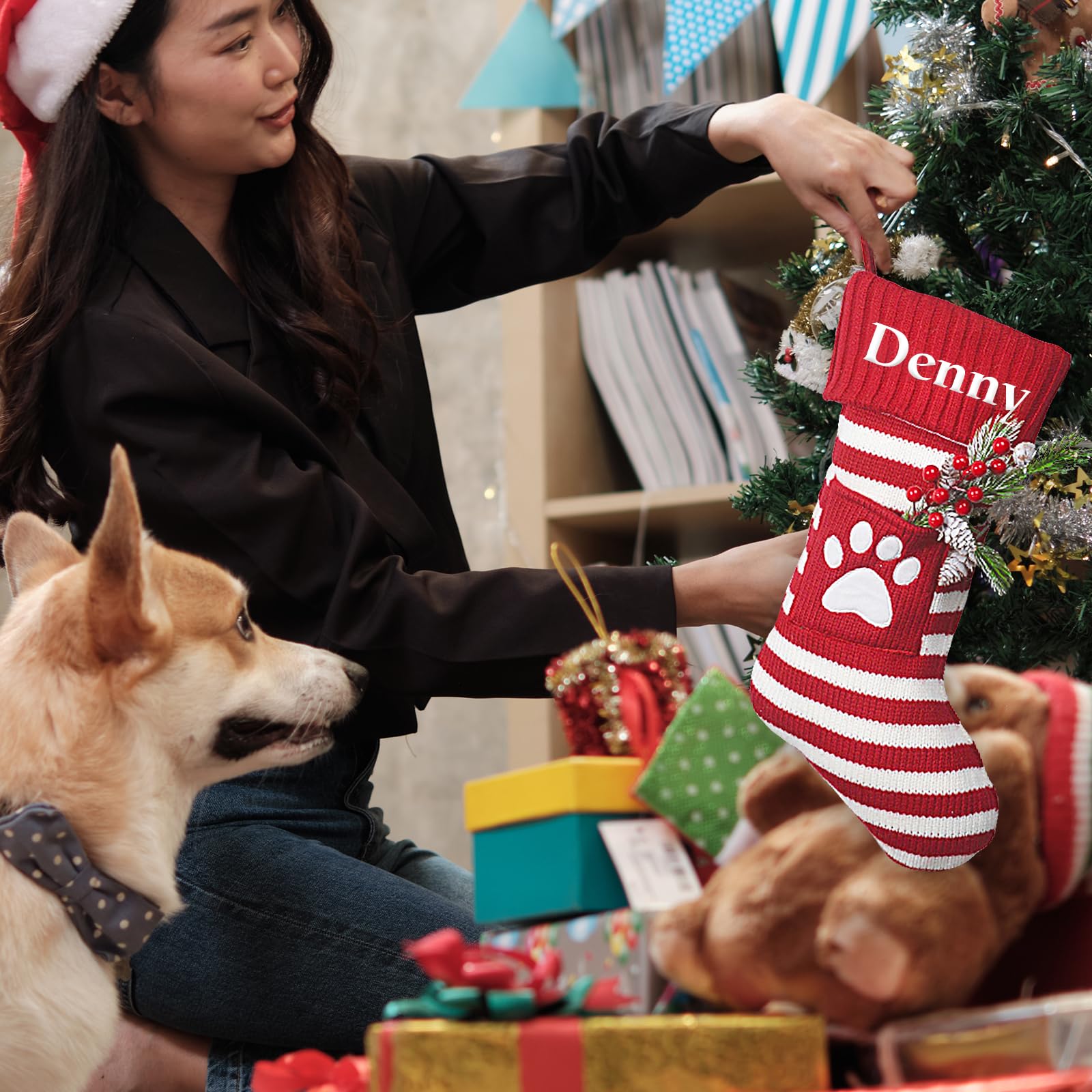 Custom Embroidered Personalized Pet Christmas Stockings for Dogs & Cats - Large Pet Stocking with Name & Paw Design, Red Plaid Cuff, Dog Bone Pattern - Perfect for Fireplace Hanging, Holiday Decorations & Gift Giving (1 Piece)