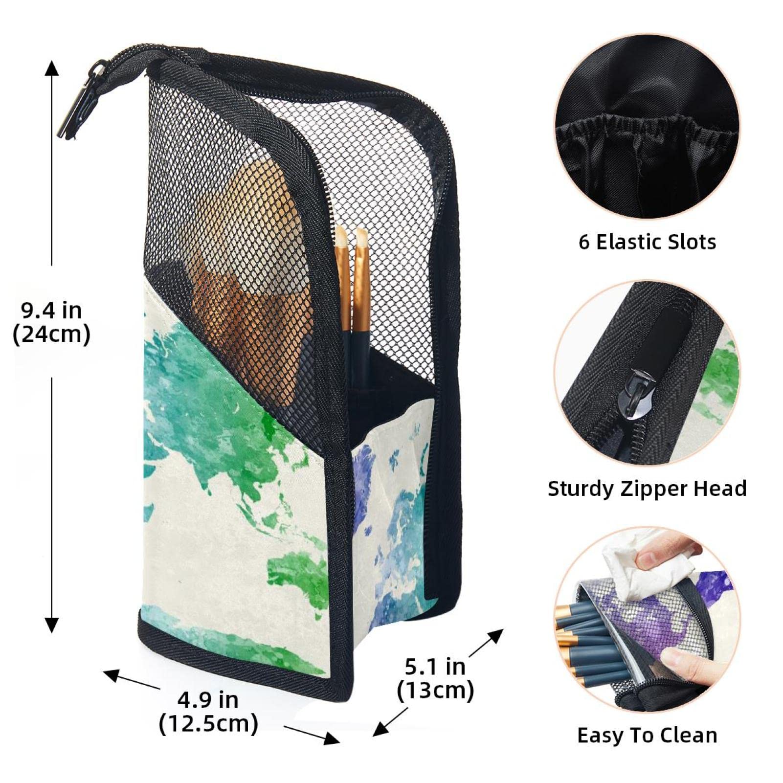Watercolor World Map Makeup Brush Organizer Bag with 12 Brushes - Portable Cosmetic Brush Holder Case for Travel, Home Vanity & Professional Makeup Artists