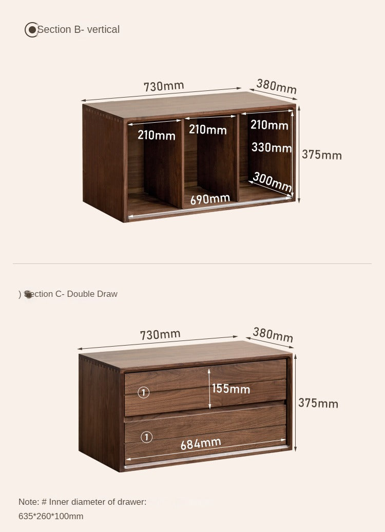 Premium Black Walnut Solid Wood Modular Bookcase - Customizable Storage Shelf for Home Office, Living Room & Library Organization
