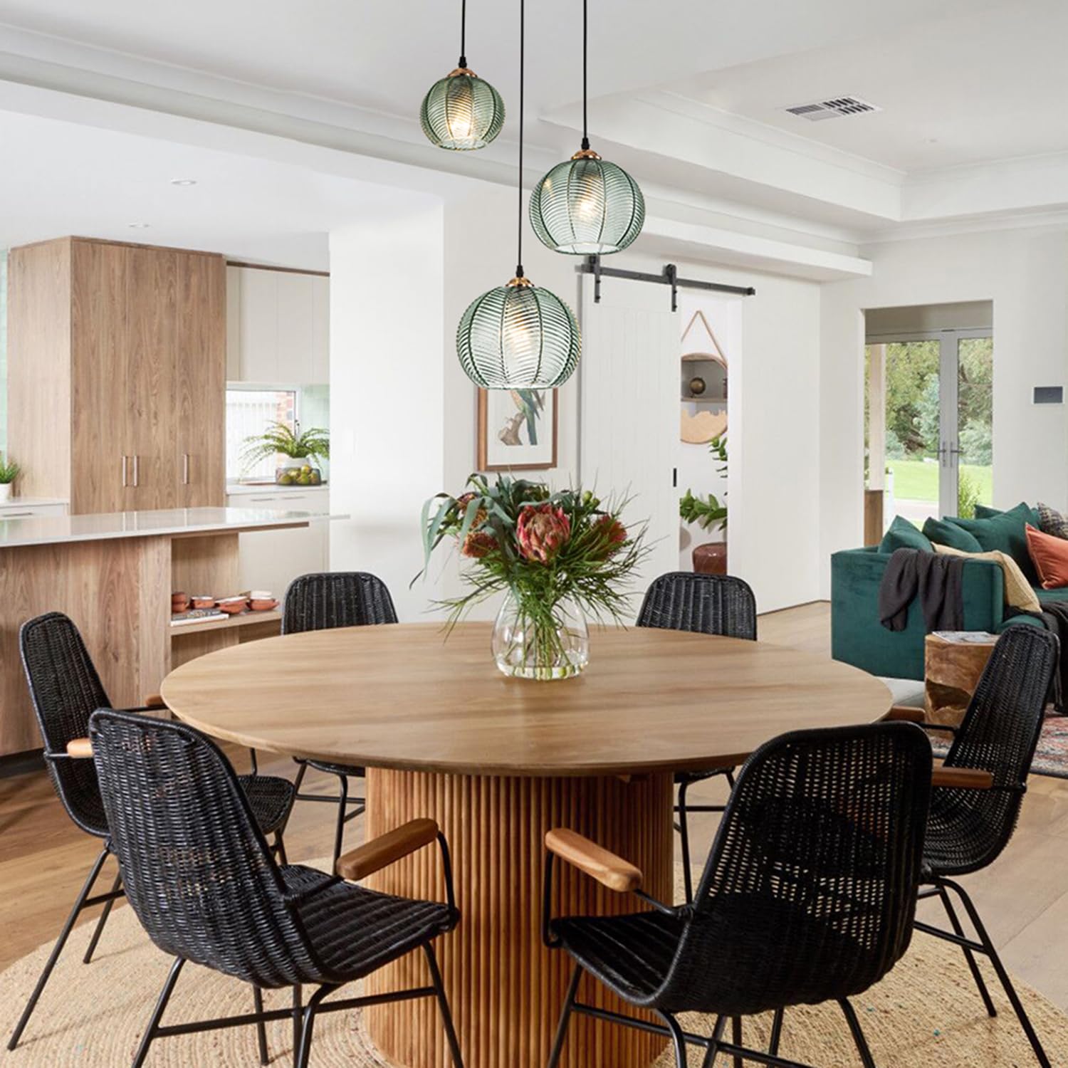 Modern 3-Light Pendant Lighting - Hand Blown Glass Shade Kitchen Island Hanging Light, Green Glass Chandelier for Dining Room, Bedroom & Living Room | Perfect for Home Decor, Kitchen Renovation & Interior Design