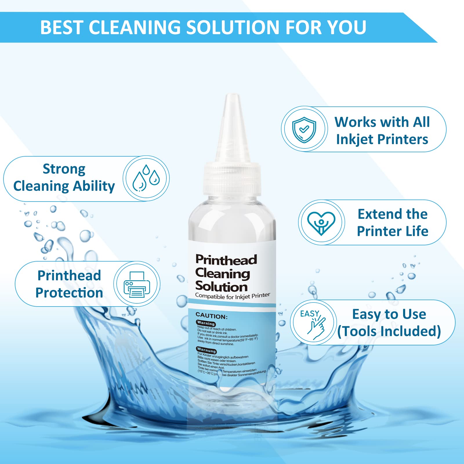 Wawocs Printer Cleaning Kit - 100ML Ink Head Cleaning Solution & Nozzle Cleaner for Epson HP Canon Inkjet Printers | Unclog Nozzles, Improve Print Quality | Home & Office Use