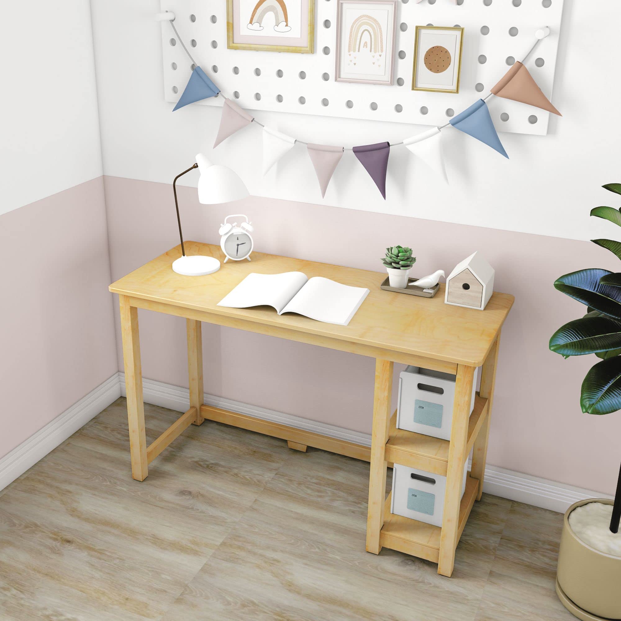 Max & Lily 47-Inch Solid Wood Desk with Shelves - Natural Wood Study Desk for Home Office, Kids Room, and Dorm - Perfect for Studying, Working, and Organizing