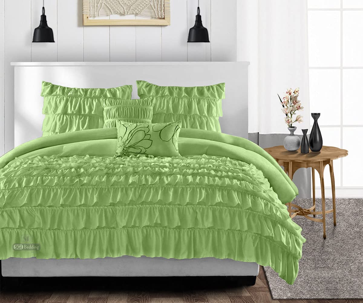 Oversized Queen Comforter Set - 300 GSM Plush Siliconized Microfiber Fill, 600 TC Egyptian Cotton Shell with Ruffles & Piping | Sage Green Duvet Insert with Pillowcases | Ultra Soft & Fluffy for Bedroom Decor