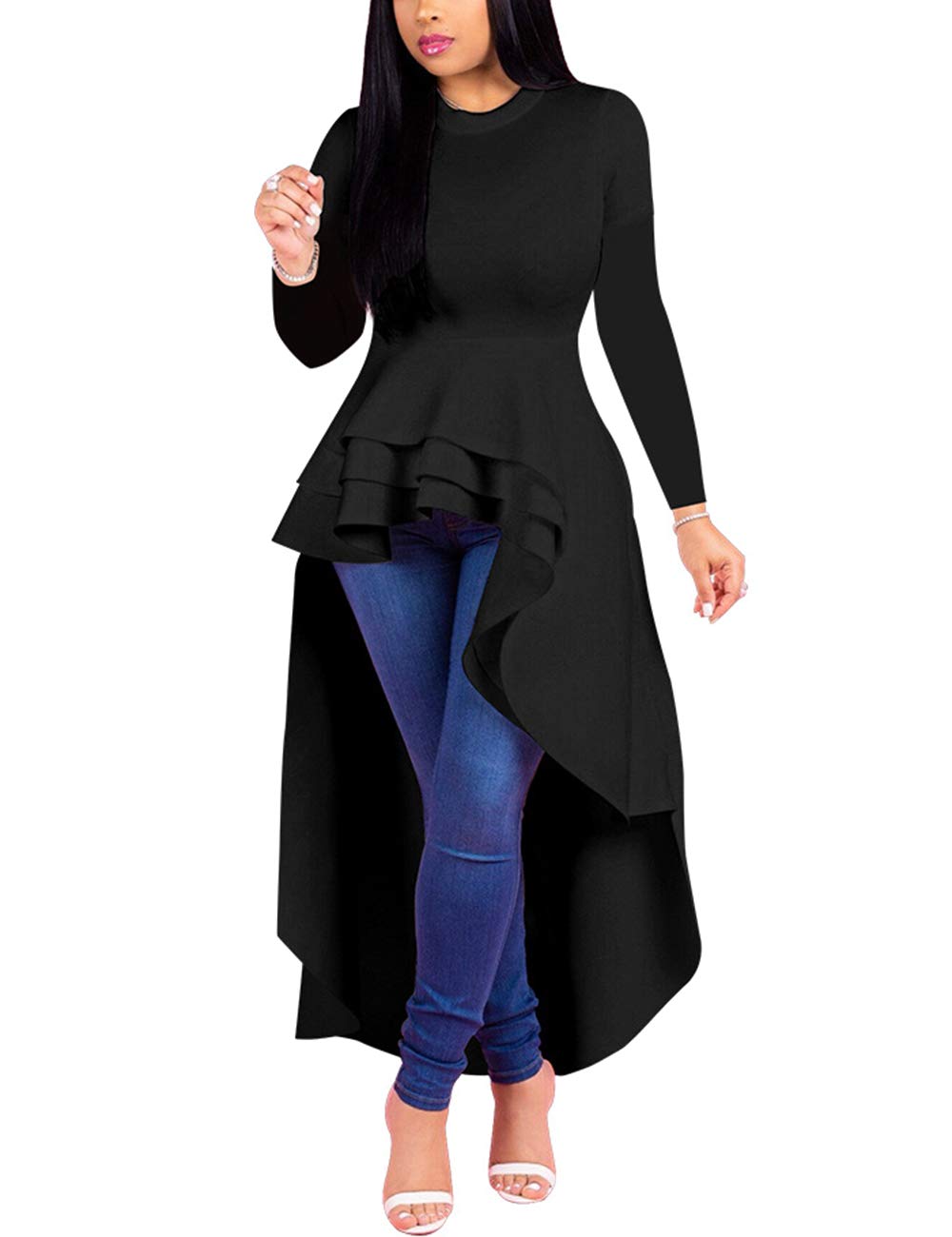 Lrady Women's Casual Shirt Dress - Asymmetrical High Low Ruffle Blouse Peplum Top Long Tunic Dress for Work, Date Night & Summer Outfits