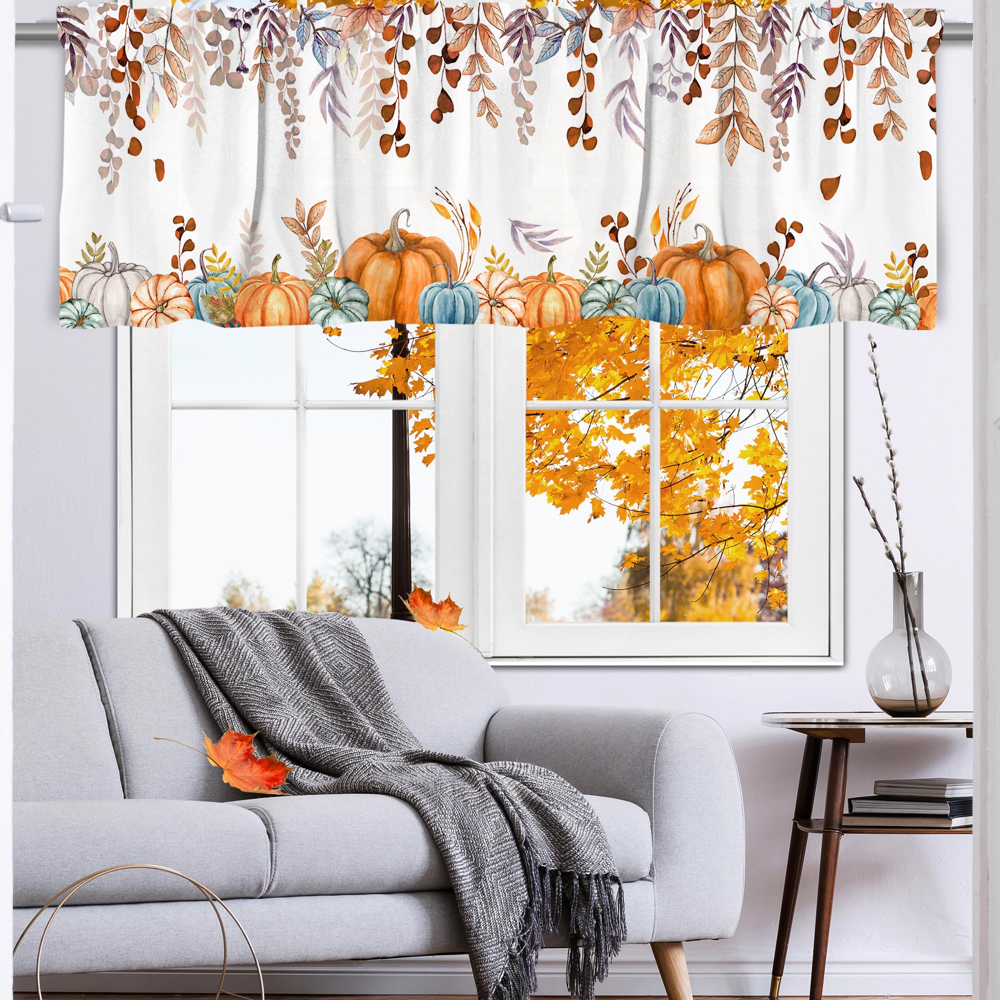 Orange Maple Leaf Pumpkin Curtain Valance - 54x18 Inch Fall Kitchen Decor with Rod Pocket for Small Windows | Thanksgiving Home Decor for Living Room & Bedroom | Seasonal Autumn Window Treatment for Cozy Home Atmosphere
