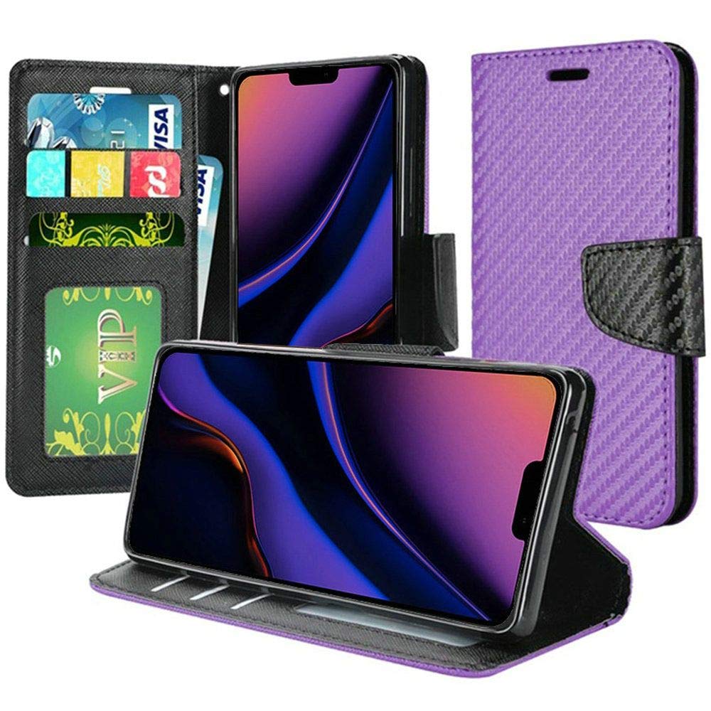 Apple iPhone 11 Pro Max Wallet Flip Case with Textured Carbon Fiber Design - Dark Purple | Slim Protective Cover with Card Slots for Daily Use & Travel