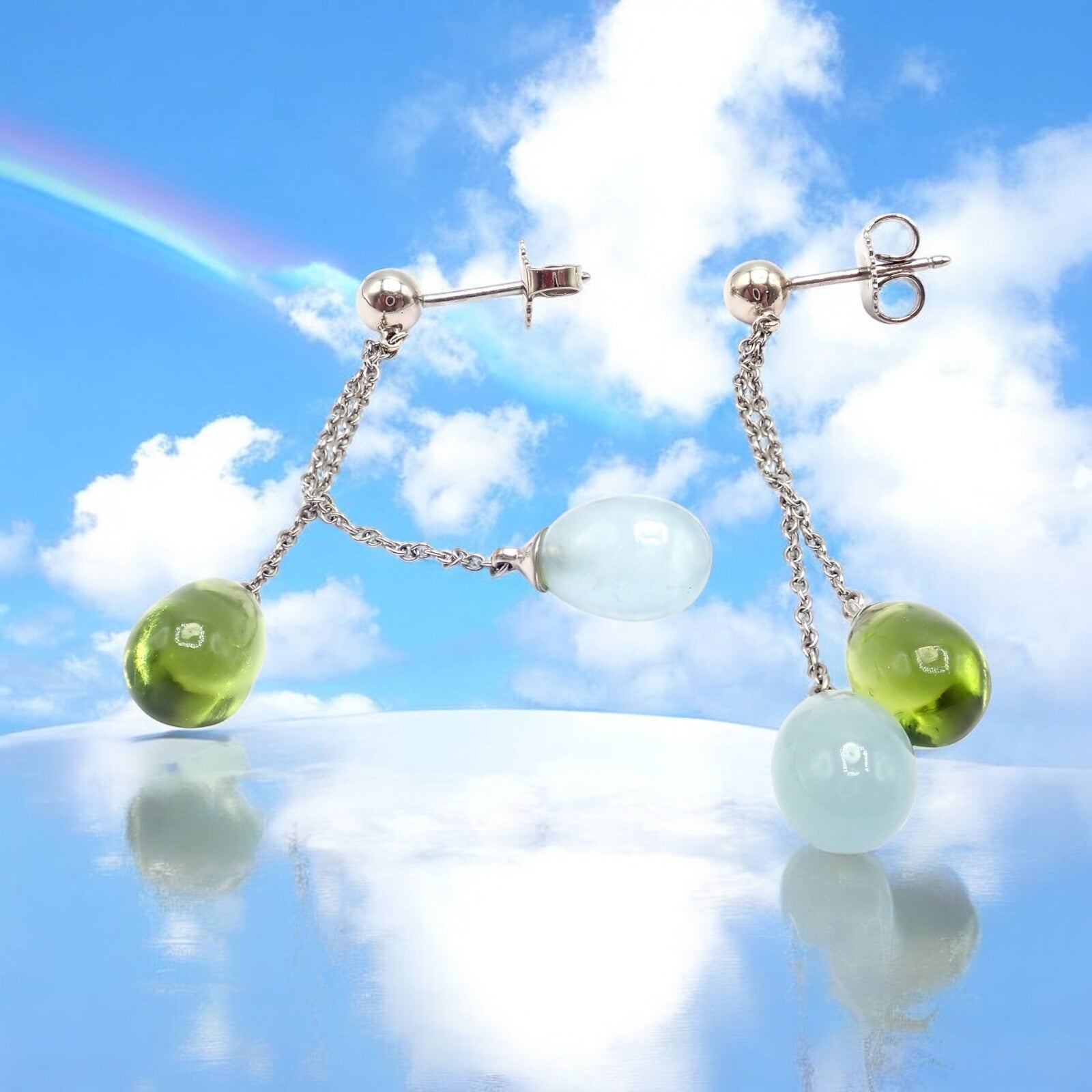 Authentic Tiffany & Co 18K White Gold Rainbow Drop Peridot Chalcedony Earrings for Women | Elegant Gemstone Dangle Earrings for Parties, Weddings & Special Occasions