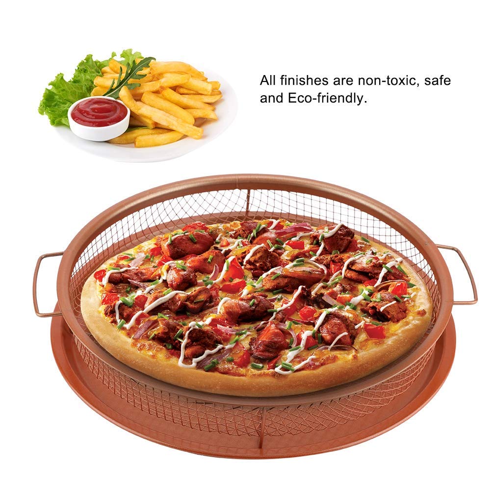 Premium Nonstick Copper Air Fryer Pan & Mesh Basket Set - 2-Piece Oven Safe Cookware for Healthy French Fries, Frozen Foods & Oil-Free Baking | Perfect for Family Dinners, Meal Prep & Quick Snacks by WHG (Round, 2-Pack)