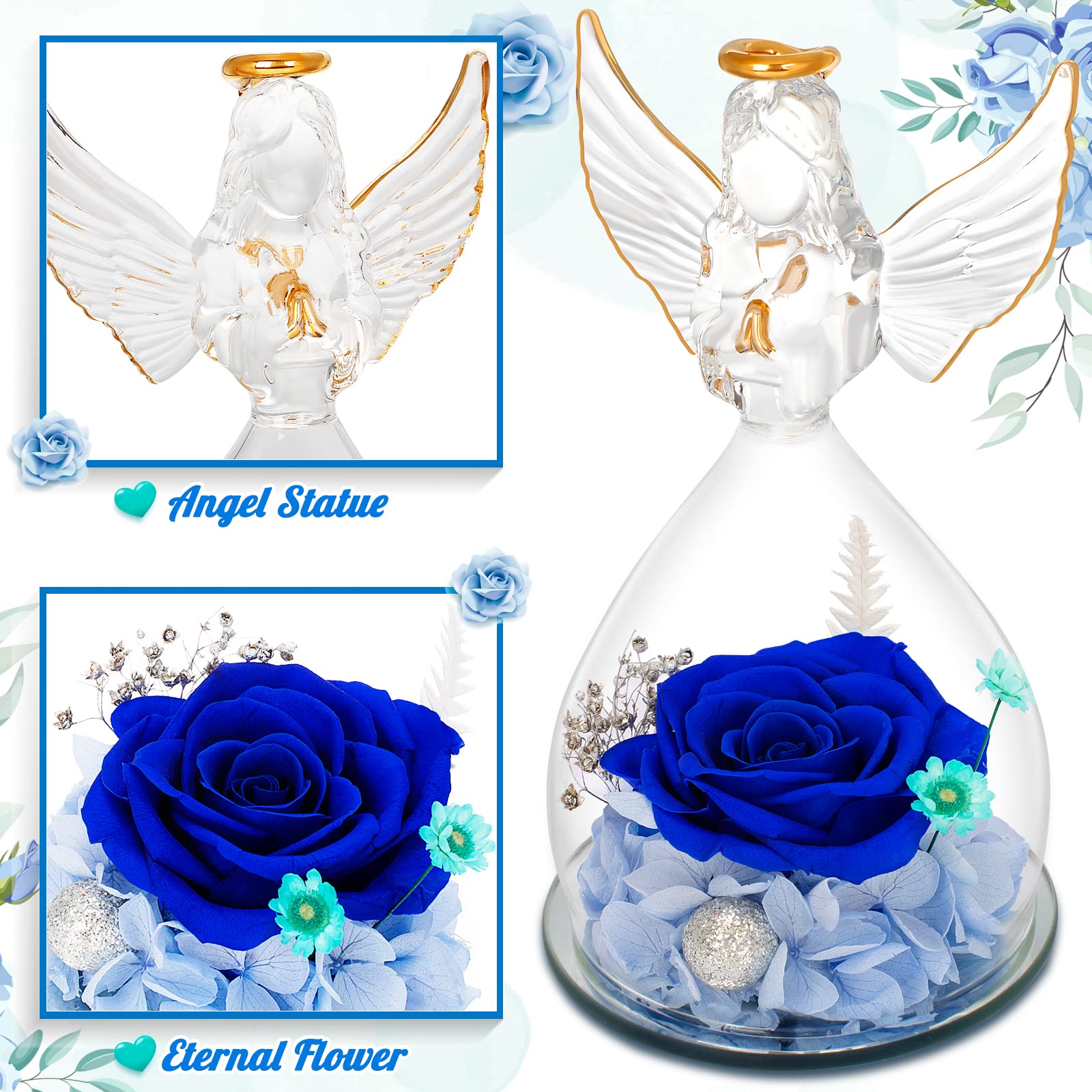 Preserved Rose Gifts in Glass Angel Figurines - Mother's Day, Birthday & Anniversary Gifts for Mom, Wife & Grandma | Long-Lasting Blue Real Roses | Perfect for Home Decor, Wedding Centerpieces & Special Occasion Gifts