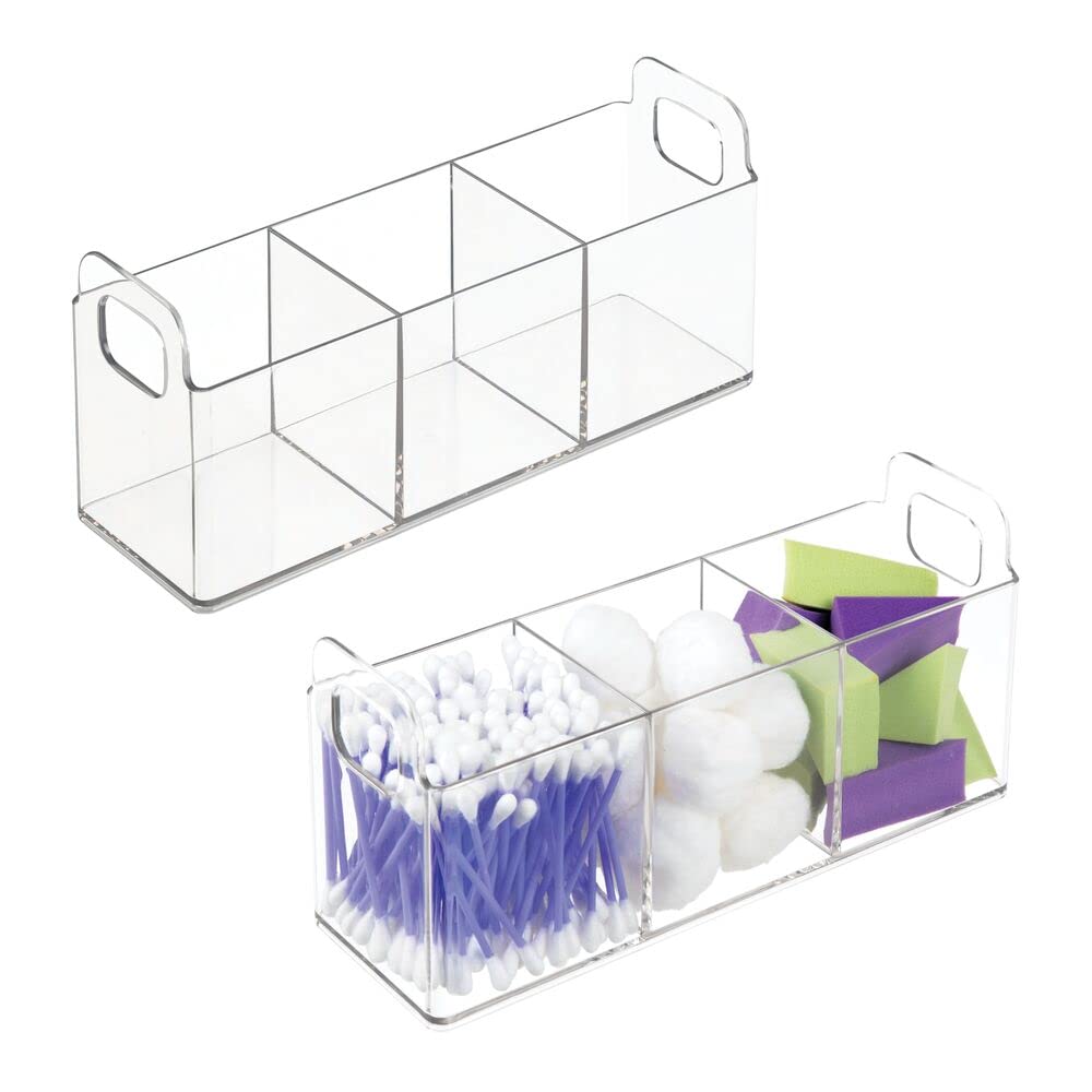 mDesign Plastic 3-Compartment Bathroom Organizer - Makeup Caddy & Beauty Product Holder Tray for Vanity, Counter, Cabinet - Clear Storage Bin with Dividers - Lumiere Collection 2-Pack - Ideal for Cosmetics, Hair Accessories & Skincare Organization